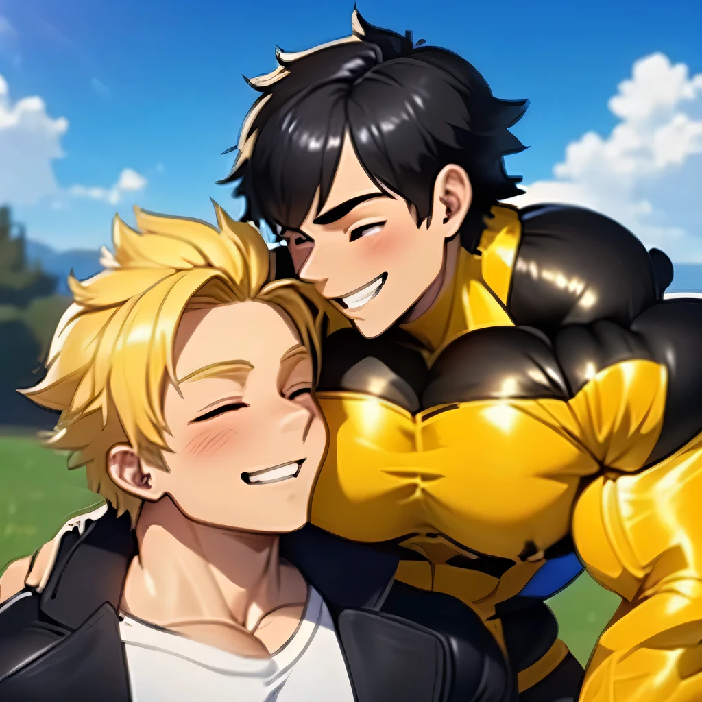 2 boy,kiss,(close eyes:1.2),(be happy:1.4),shoulder to shoulder,,happy blonde and black hair,black eyes,jacket,shirt,blush,(happy smile),blue sky backgroundy,Masterpiece,Top Quality,High quality,Ultra detailed,insanely detailed,beautiful,detailed eyes,anime style