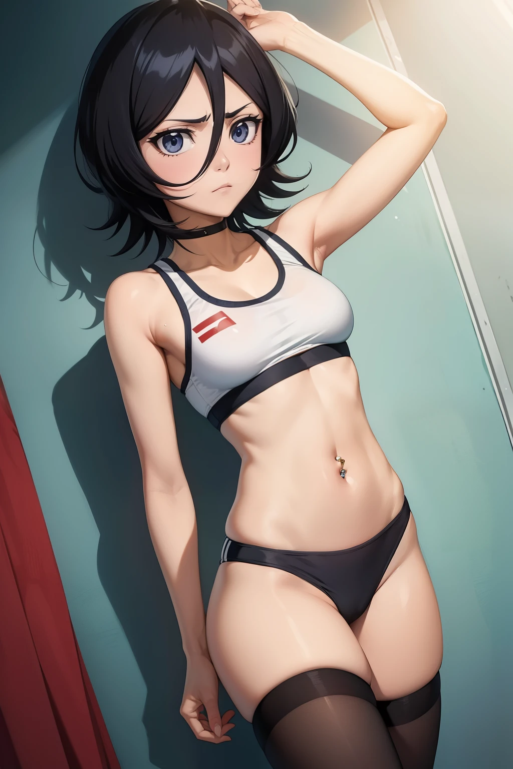 Rukia , anime , masterpiece  ,gymnastic    , sport bra,  blomer   , long socks,  disappointed face angry  , belly button piercing . 