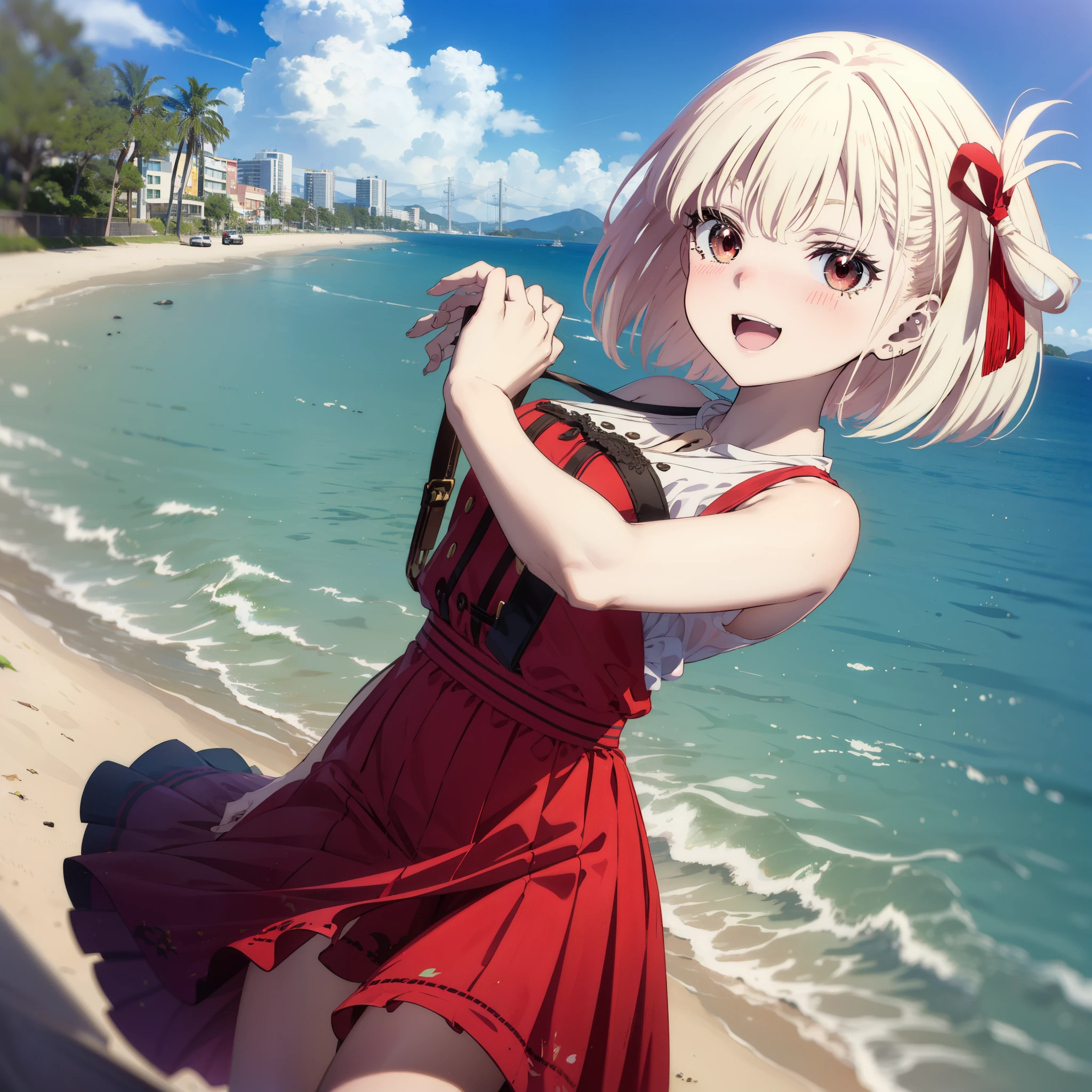 chisatonishikigi, Chisato Nishikigi, short hair, bangs, blonde, (Red eyes:1.5), Hair Ribbon, One side up, Bobcut,happy smile, smile, Open your mouth,
Open your mouth, Red sleeveless dress,Bare arms,Red long skirt,Cute Sandals,whole bodyがイラストに入るように,Daytime,sunny, walk,Looking up from below,break looking at viewer,whole body,(Cowboy Shot:1. 5) break outdoors, In town,Coastal Road, break (masterpiece:1.2), highest quality, High resolution, unity 8k wallpaper, (shape:0.8), (Beautiful details:1.6), Highly detailed face, Perfect lighting, Extremely detailed CG, (Perfect hands, Perfect Anatomy),