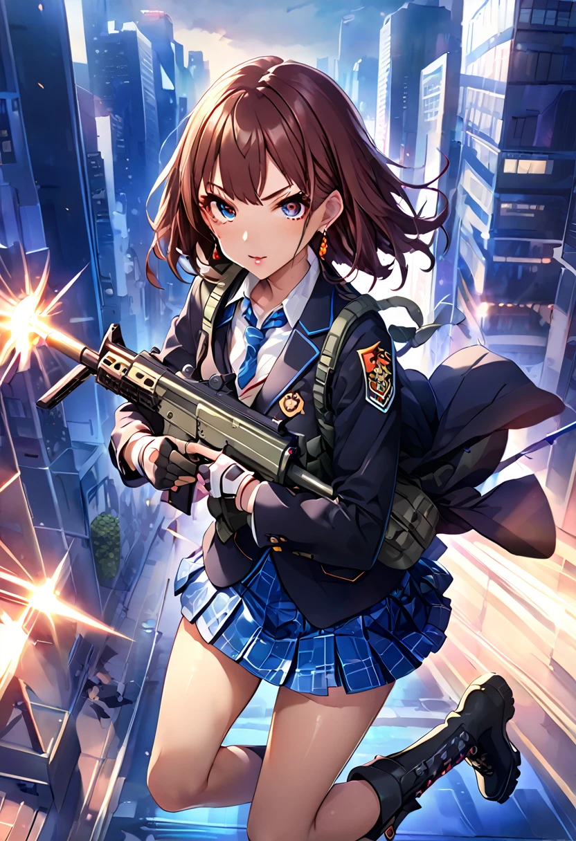 masterpiece、highest quality、Ultra-high resolution、Maximum resolution、Very detailed、Professional Lighting、anime、woman、thin、so beautiful、high school girl、blazer、mini skirt、Equipped with a submachine gun、(((H&K MP5)))、Mischievous、Reddish brown hair、Short Hair、Earrings、Fingerless Gloves、Beautiful eyes、Gloss Lip、boots、Equipped with transparent orange shooting glasses、Equipped with a chest rig、urban combat、Attack while running at full speed、