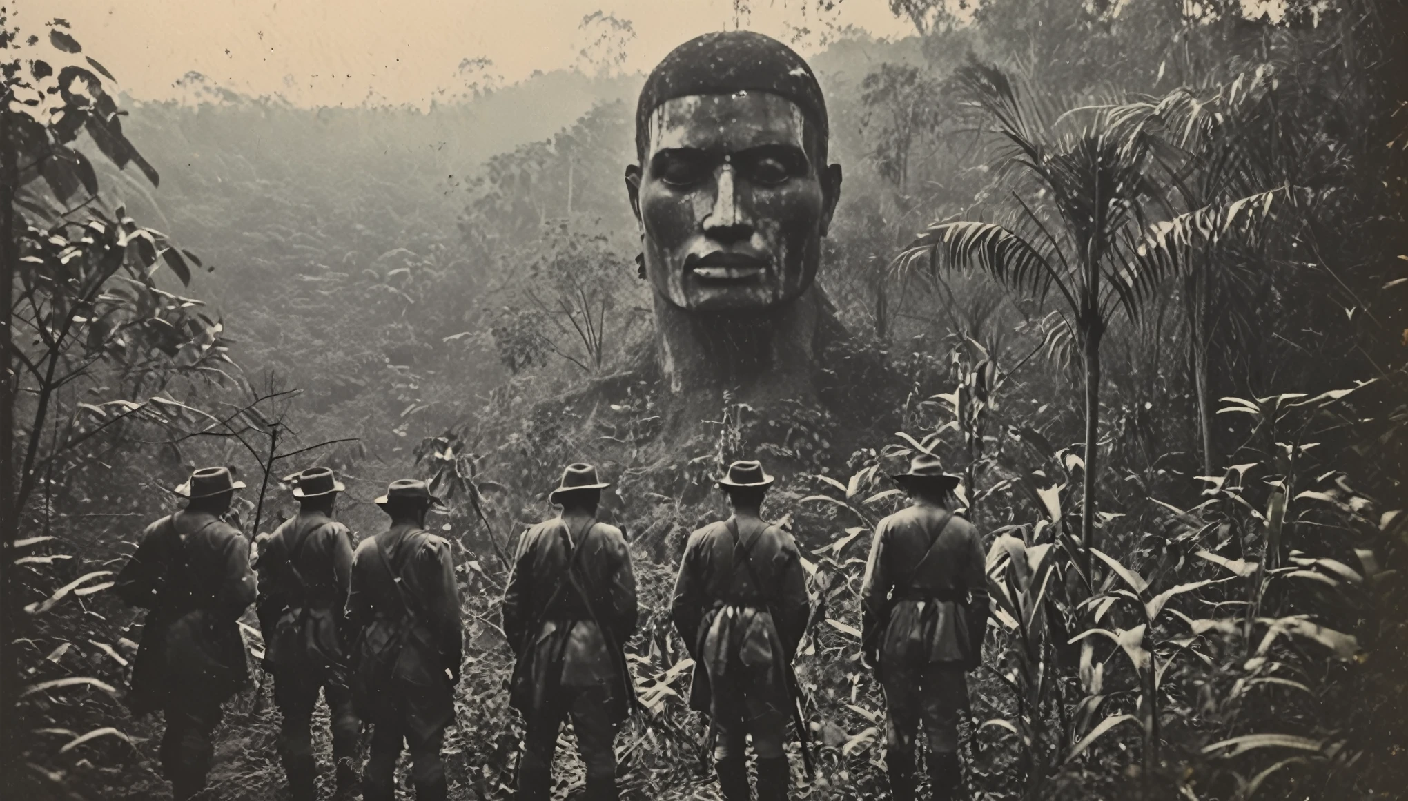 grainy, polaroid, 35mm vintage of 1700's explorers in front of giant face sculpture in the jungle. expeditionary men . Black and white colors 2