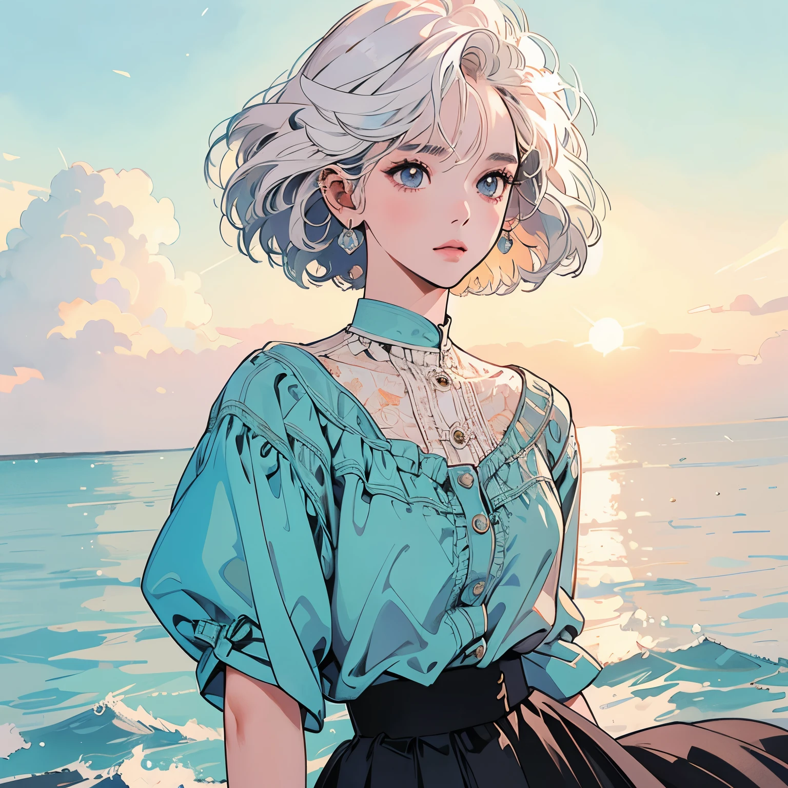 whole body、Kind Face、1 pretty woman、blouse、skirt、cloud、coastal、Sunset、Complex background、Detailed Hair、White Hair、Faint lighting、short hair length