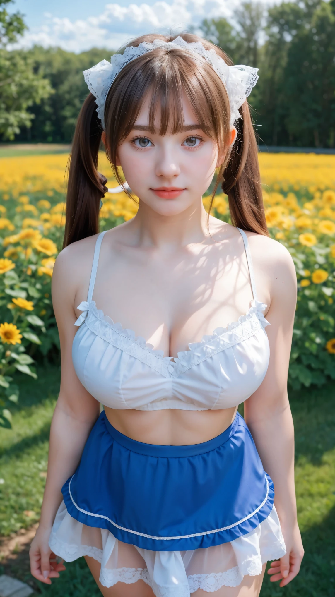 Georgeous, Beautiful, Russian , 18 Years Old, Whitkin, Cleavage, Large Colossal Breasts, Sexy Look, Sleeveless, (White Lace Lolita), (Embroidery), Flower Headband, Holdup Stocking, Mini Skirt, ((Bright Retina)), Frowning Face, ((Muscles:1.3)), ((Bokeh1.1)), Empty Land Outdoor, Masterpiece, ((Bangs Hair Long Twintail)), (Blue Sky), (HDR)