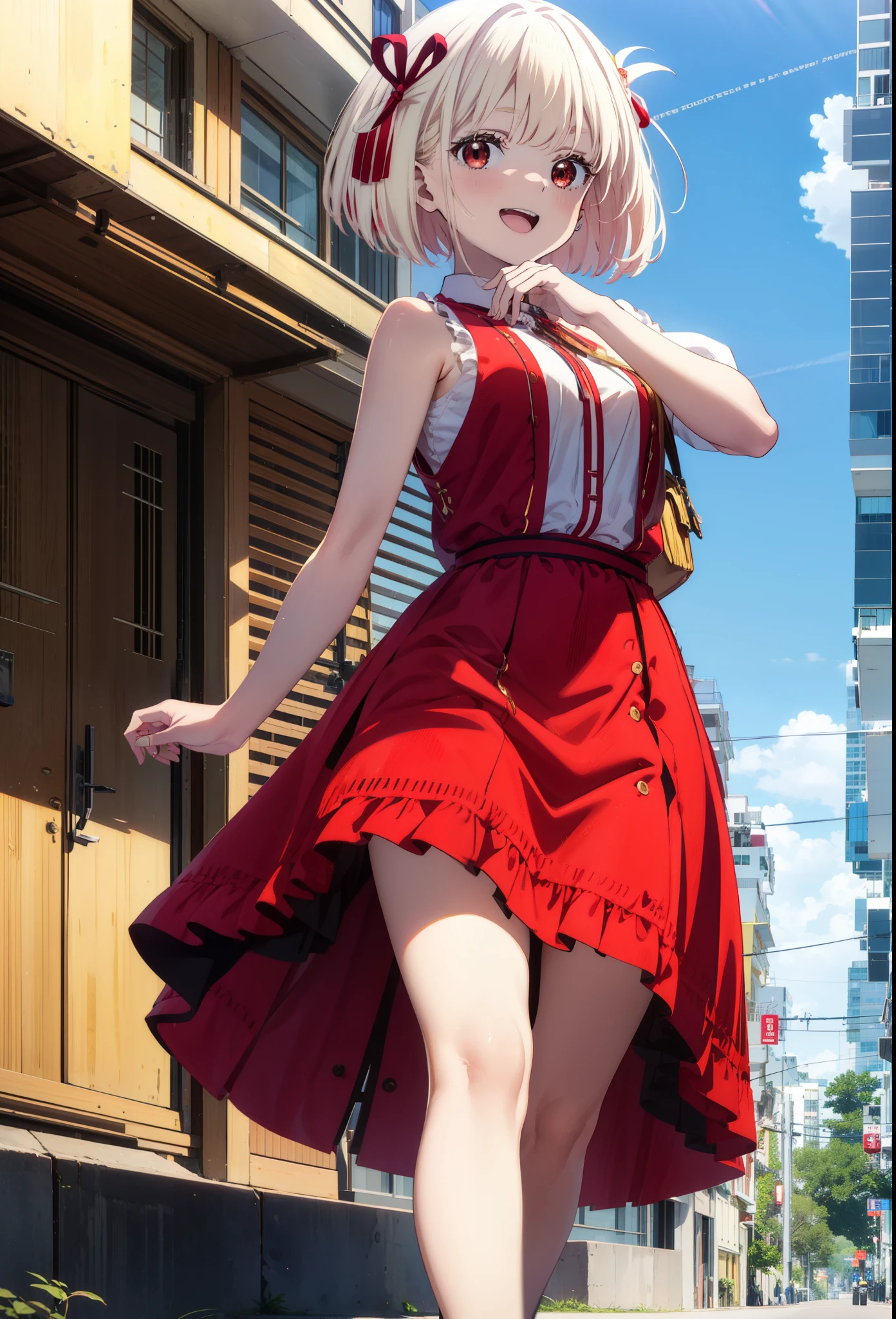 chisatonishikigi, Chisato Nishikigi, short hair, bangs, blonde, (Red eyes:1.5), Hair Ribbon, One side up, Bobcut,happy smile, smile, Open your mouth,
Open your mouth, Red sleeveless dress,Bare arms,Red long skirt,Cute Sandals,whole bodyがイラストに入るように,Daytime,sunny, walk,Looking up from below,break looking at viewer,whole body,break outdoors, In town,Coastal Road, break (masterpiece:1.2), highest quality, High resolution, unity 8k wallpaper, (shape:0.8), (Beautiful details:1.6), Highly detailed face, Perfect lighting, Extremely detailed CG, (Perfect hands, Perfect Anatomy),