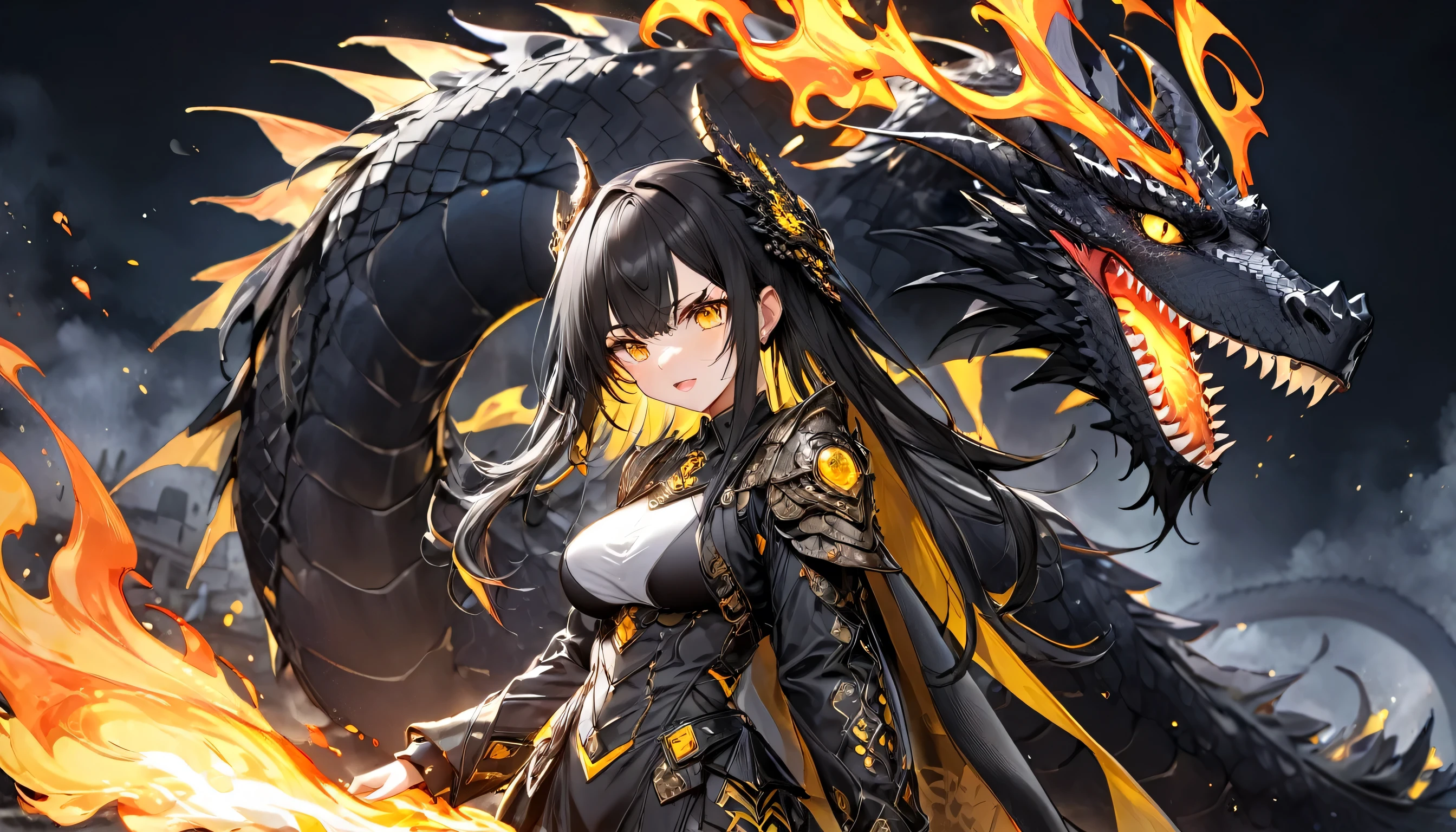 (battle style) (solo straight black hair long hair cute femdom girl, angry yellow eyes, serious face, big tits), (18 yo), (Ride a biggest black dragon with flame:1.3), (in a battle dress), BREAK, (in the darkness deep abyss), BREAK, perfect anatomy, masterpiece, best quality, 8k, 16k, beautiful detailed, daydreaming expression.