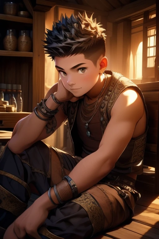 Before dawn, nature, Open Field, High Fantasy, Primitive tribal dwellings, Unity 8k wallpaper, Ultra detailed, Beautiful and aesthetic, Masterpiece, Best quality, Extremely detailed, Realistic, 1boy, 18 years old, sleeveless, Short spiked hair, crew cut hair, Cute, Young, Asian, Japanese role-playing game style, medieval, full body,