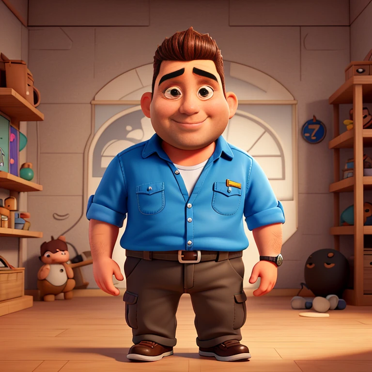 Cute little 38 year old male handyman, Giant Head, Two-block cut hair , A little bit overweight, Highly detailed eyes,Positive, fit, Look like a boss, Full body image, Extremely elaborate hands ,Toy figures,highest quality, 3D Comics,Full body image, Fantasy, dream-like, Surrealism, So cute, Trending on Art Station