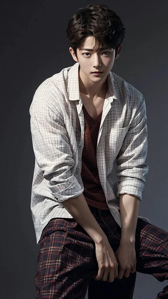 Sexy Song Joong-ki naked with messy hair, wears plaid shirt on dark background. Seductive gay.