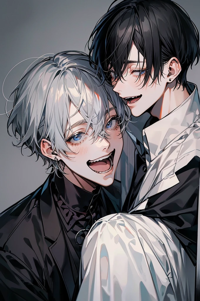 (Mastepiece), (Best Quality), Very detailed, ((Two friendly men:1.5)), Perfect Face, Beautiful Face, Very detailedな顔,(Black-haired man:1.3),(Grey-haired man:1.3)、(Laugh together:1.4)