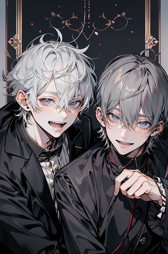 (Mastepiece), (Best Quality), Very detailed, ((Two friendly men:1.5)), Perfect Face, Beautiful Face, Very detailedな顔,(Black-haired man:1.3),(Grey-haired man:1.3)、(Laugh together:1.4)
