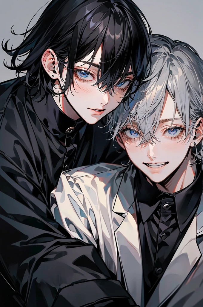 (Mastepiece), (Best Quality), Very detailed, ((Two friendly men:1.5)), Perfect Face, Beautiful Face, Very detailedな顔，(Black-haired man:1.3)，(Grey-haired man:1.3)、(Laugh together:1.4)