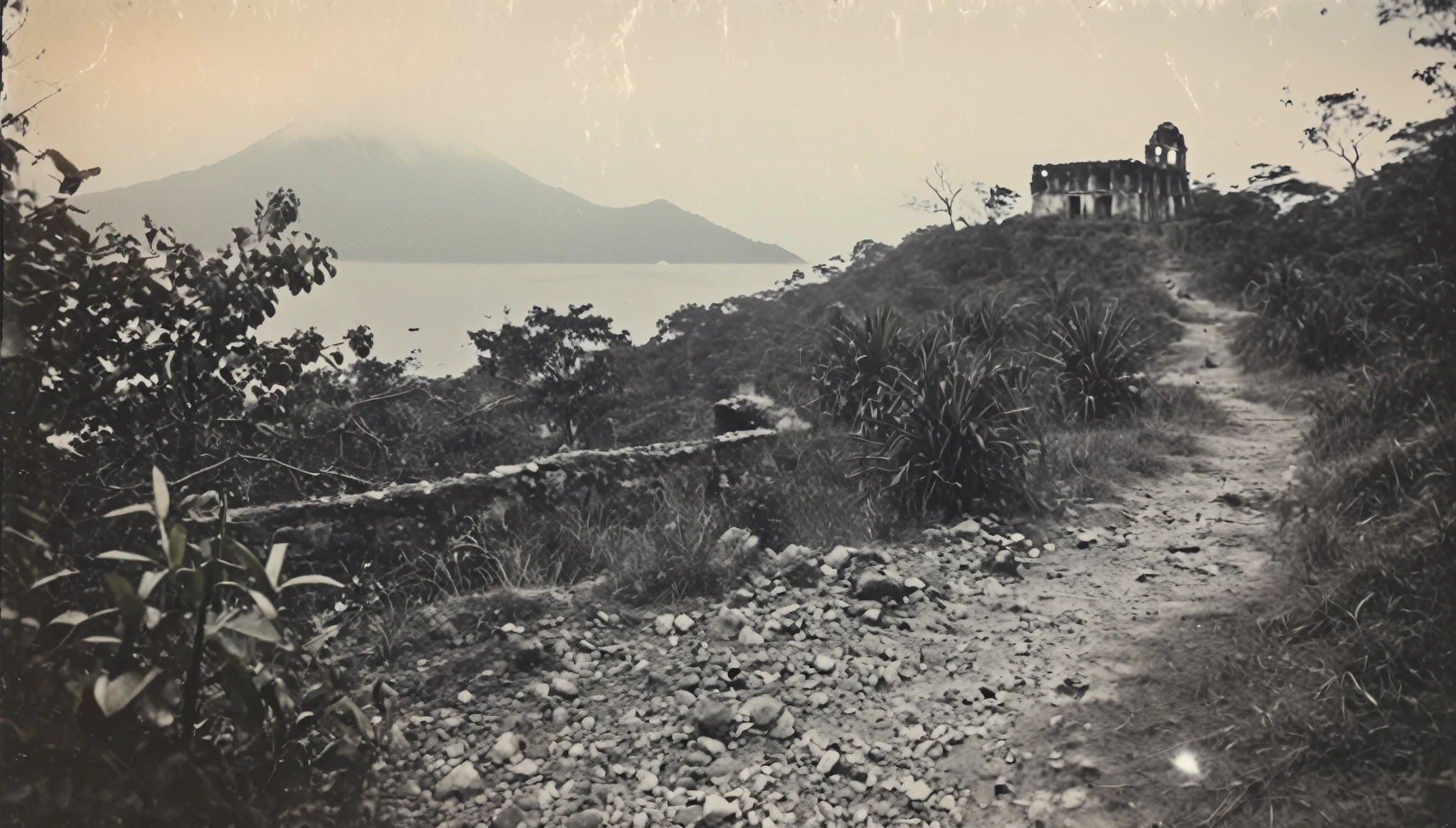 grainy, polaroid, 35mm vintage, hovering glowing crystal in front of ruin on Guatemala coast. Black and white colors.