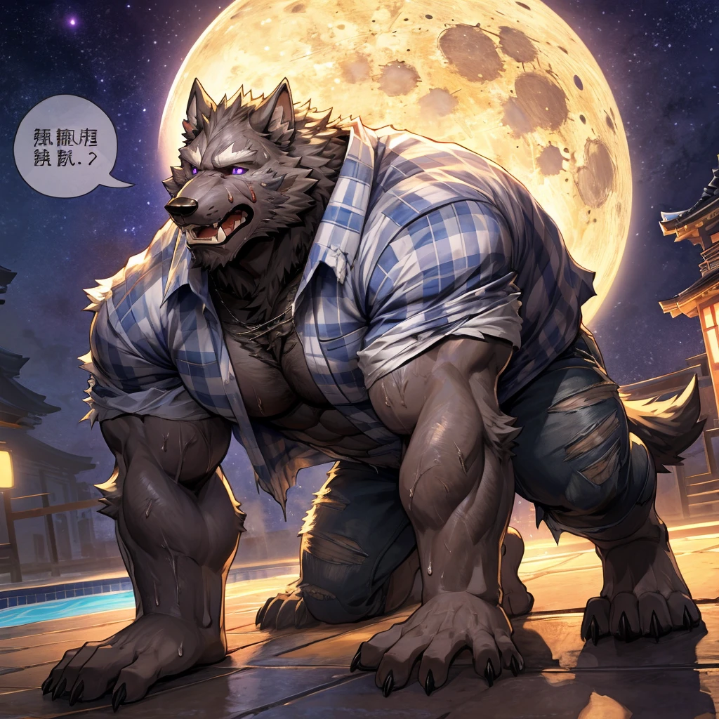 masterpiece,high quality,anime, ultra detailed
, Digital, (Check shirt:1.3), (Torn Shirt, Torn Pants:1.2) , On all fours, Claws scratching the ground, Show off your teeth, Wolf, great physique,Strong arms, manly, (((Excessive sweating)))
, Painful eyes, Painful expression, Grit your teeth, (detailed eyes:1.45), ultra detailed purple pupil

, [[(ultra detailed dick:1.1), look up]]

, Poolside, Night Sky, Joyful, From null-ghost,Pino Daeni, (Warm lights:1.3), (japanese speech bubble:1.2), (full moon)