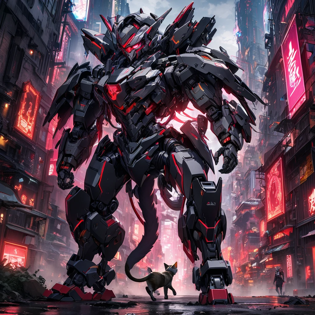 High quality, high definition, high precision images,16k wallpaper,( one cyborg cat). quadrupedal walking,long Mecha tail ,cyborg style、on all fours Walking,
(whole body cyborg mech white and black mechanical armor)、A robot-like helmet on the head,red neon light from armor、pounce,Belly is also mechanical armor、Futuristic ruined city background