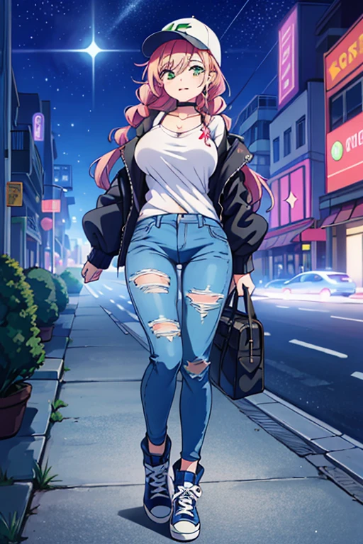(masterpiece, Transparent air, Transparent eyes,Best Quality, Perfect Anatomy, High quality:1.4), absurderes, absolutely resolution, unbelievable Ridiculous, hight resolution, ultra-detailliert, Official art, Unity 8k Wallpaper, Kinetic typography,nice hand, Perfect hands, Detailed beautiful hands, Large_filesize, fulcolor, hight resolution, symmetric, exceptional, Best aesthetic, newest, Anime, very beautiful detailed body,The hair,faces,The eye,
BREAK,
1 beautiful girl, (17 years old girl),Solo,(Cute:1.5),(Chibi:0.6),(kawaii:1.5),(Lori:0.5),BREAK,(17 years old girl), 1 beautiful girl,Very detailed,colourfull,highest details,Clear skin,Beautiful skin,Shy,Very detailed,colourfull,highest details,BREAK,Clear skin,Beautiful skin,Shy skin,BREAK,(Heterochromia,blue eyess,Green eyes, Eye Highlights,The first hyperfine stars:1.45),star eye silhouette
,BREAK,(Pink hair, Medium length:1.4),(Twin braids,A little curly hair,Princess Cut, crossed bangs:1.3),(huge breasts,biggest breasts,gigantic breasts:1.5),(long eyelashes, Double eyelids:1.2),Solo,gleaming skin, Clear skin, Beautiful skin,(best quality face),(Top quality glowing eyes),(Doya face,brave face:1.45) ,
BREAK,Fashion Modern Streetwear, Sophisticated silk baseball cap with minimalist design, Oversized silk bomber jacket paired with damaged jeans, Fashion forward sneakers or ankle boots, Silk scarf that can be tied as a choker or wrapped around the wrist Silk scarf to tie as a choker or wrap around the wrist, Sophisticated crossbody bag with statement hoop earrings, - Makeup with edgy, bold lips, - Sophisticated silk baseball cap, oversized silk bomber jacket paired with damaged jeans, Fashion forward sneakers or ankle boots
BREAK,(morning), ,(The city at night is wrapped in beautiful flowers of light. This light illuminates the buildings and streets of the city, dispelling the darkness. The flowers of light brighten people’s hearts and bring hope and joy. This scene is a symbol of beauty and hope, a moving moment.)dept