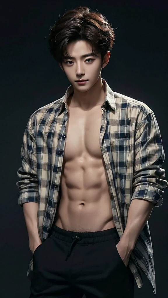 Sexy Park Seo-joon naked with messy hair, wears plaid shirt on dark background. Seductive gay.