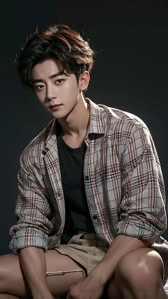 Sexy Park Seo-joon naked with messy hair, wears plaid shirt on dark background. Seductive gay.