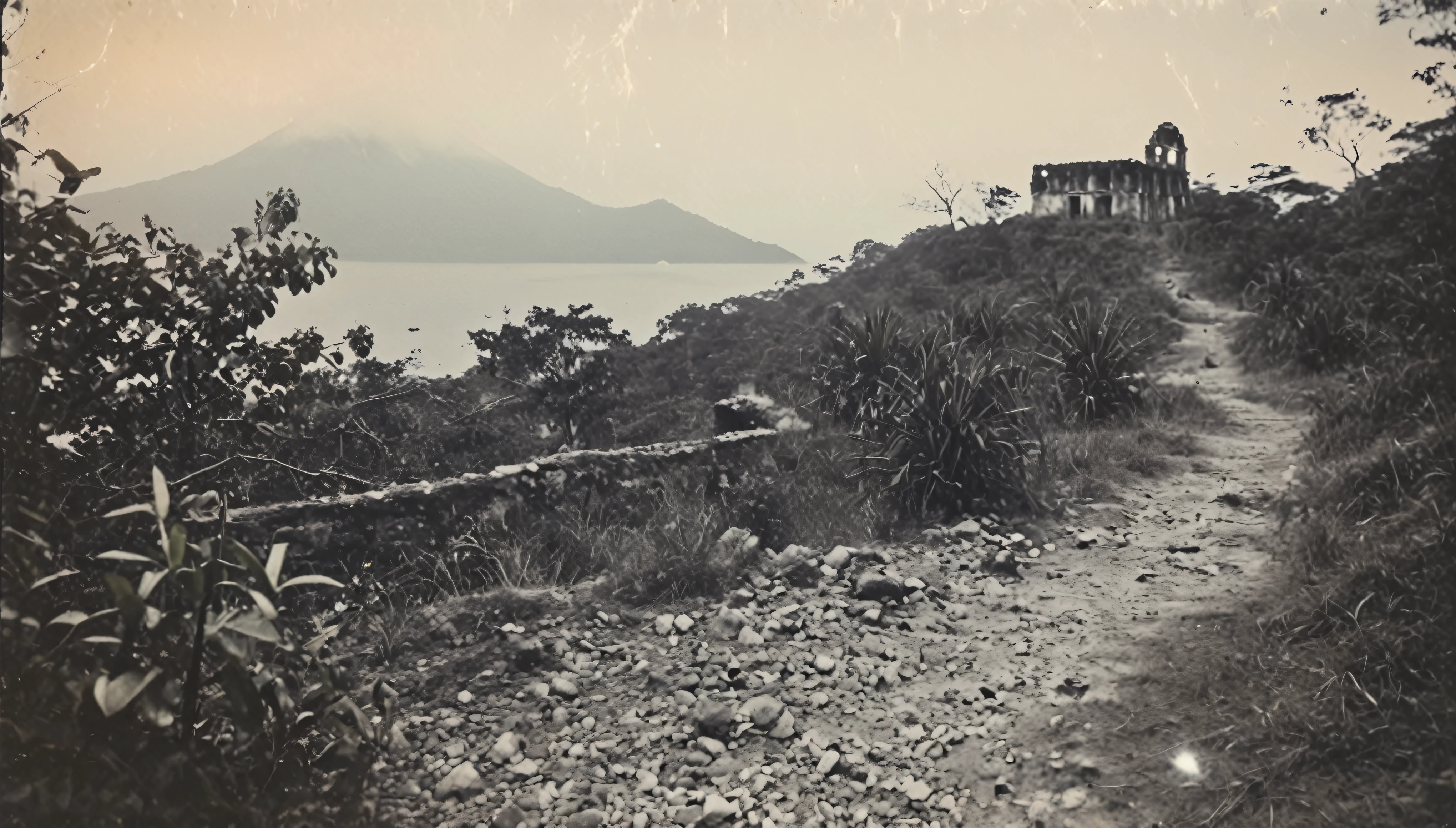 grainy, polaroid, 35mm vintage, hovering glowing crystal in front of ruin on Guatemala coast. Black and white colors.