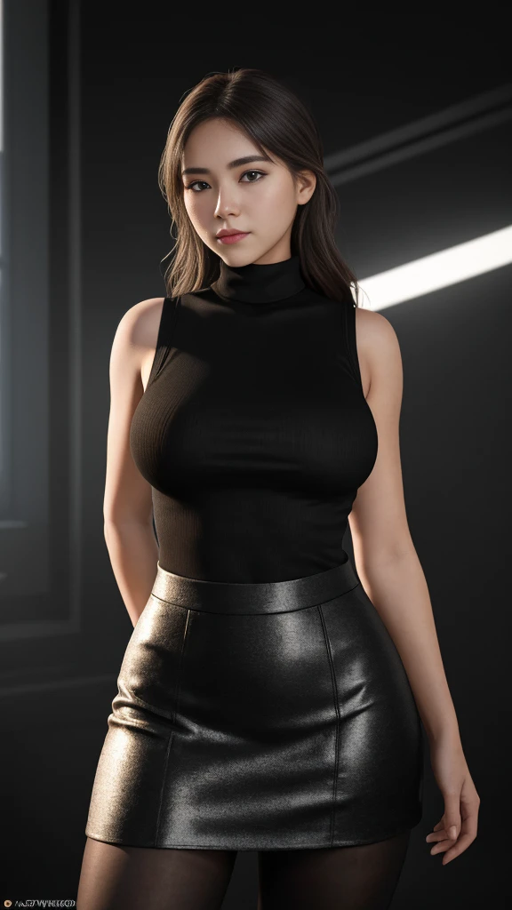 A beautiful teenage girl, wearing a sleeveless turtleneck, short pencil skirt, black tights., full body , perfect light perfect composition Beauty Award winning masterpiece Artstation 8 k Artgerm Mucha Dim Volumetric lighting Octane 18 k Beautiful detail rendering. post processing, portrait, exaggerated detail, complex, grand composition, cinematic lighting, masterpiece, trending art station, high detail, masterpiece, beautiful, 18k , HDR, smooth, sharp focus, high resolution.