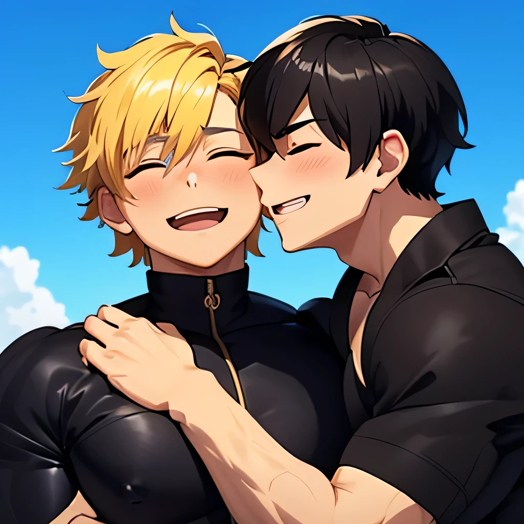 2 boy,kiss,(close eyes:1.2),(be happy:1.4),shoulder to shoulder,,happy blonde and black hair,black eyes,jacket,shirt,blush,(happy smile),blue sky backgroundy,Masterpiece,Top Quality,High quality,Ultra detailed,insanely detailed,beautiful,detailed eyes,anime style
