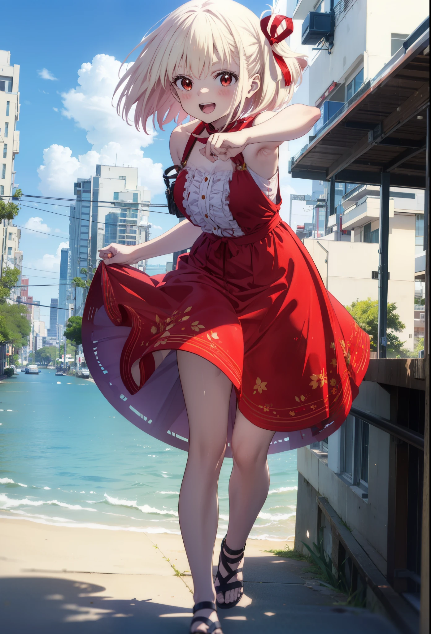 chisatonishikigi, Chisato Nishikigi, short hair, bangs, blonde, (Red eyes:1.5), Hair Ribbon, One side up, Bobcut,happy smile, smile, Open your mouth,
Open your mouth, Red sleeveless dress,Bare arms,Red long skirt,Cute Sandals,whole bodyがイラストに入るように,Daytime,sunny, walk,Looking up from below,break looking at viewer,whole body,break outdoors, In town,Coastal Road, break (masterpiece:1.2), highest quality, High resolution, unity 8k wallpaper, (shape:0.8), (Beautiful details:1.6), Highly detailed face, Perfect lighting, Extremely detailed CG, (Perfect hands, Perfect Anatomy),