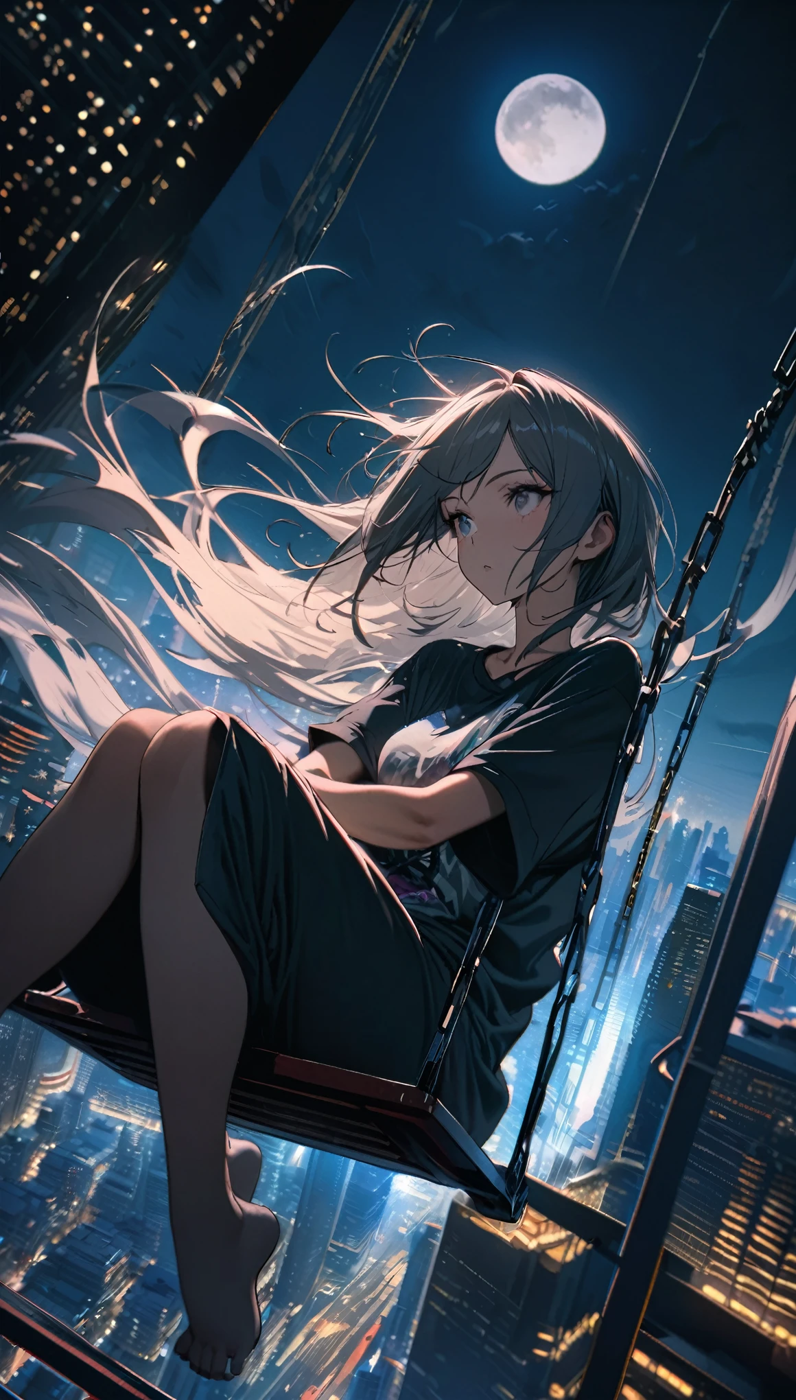 best quality, Ultra-fine, 16K, Ridiculous, Very detailed, Beautiful woman sitting on a swing suspended between two skyscrapers, Stare into the distance, Wearing a long, loose T-shirt, Attractive appearance, Wind, Wind-effect, Moon night scene, (Magnificent views:1.1) , Clock Punk
