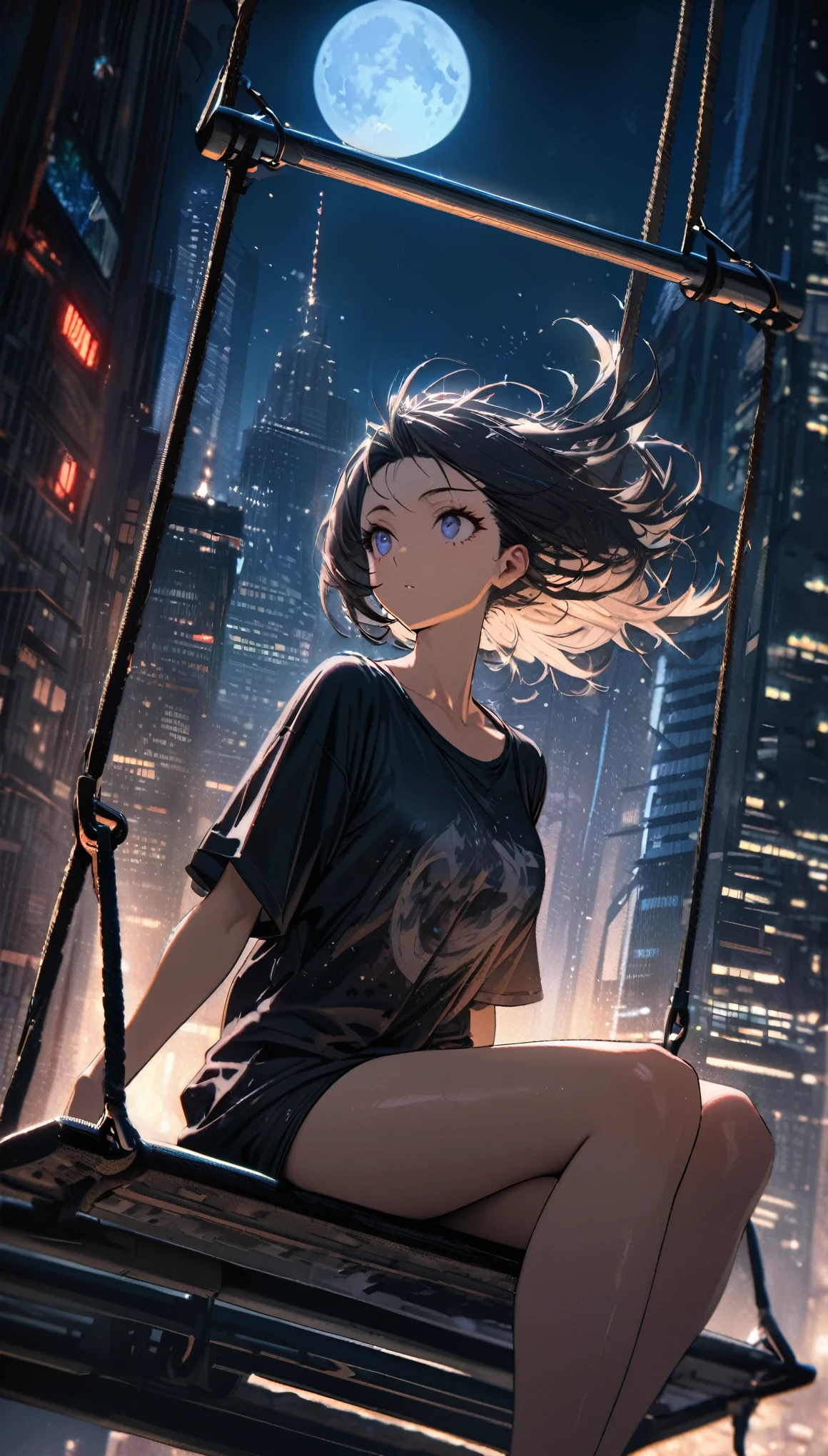best quality, Ultra-fine, 16K, Ridiculous, Very detailed, Beautiful woman sitting on a swing suspended between two skyscrapers, Stare into the distance, Wearing a long, loose T-shirt, Attractive appearance, Wind, Wind-effect, Moon night scene, (Magnificent views:1.1) , Clock Punk