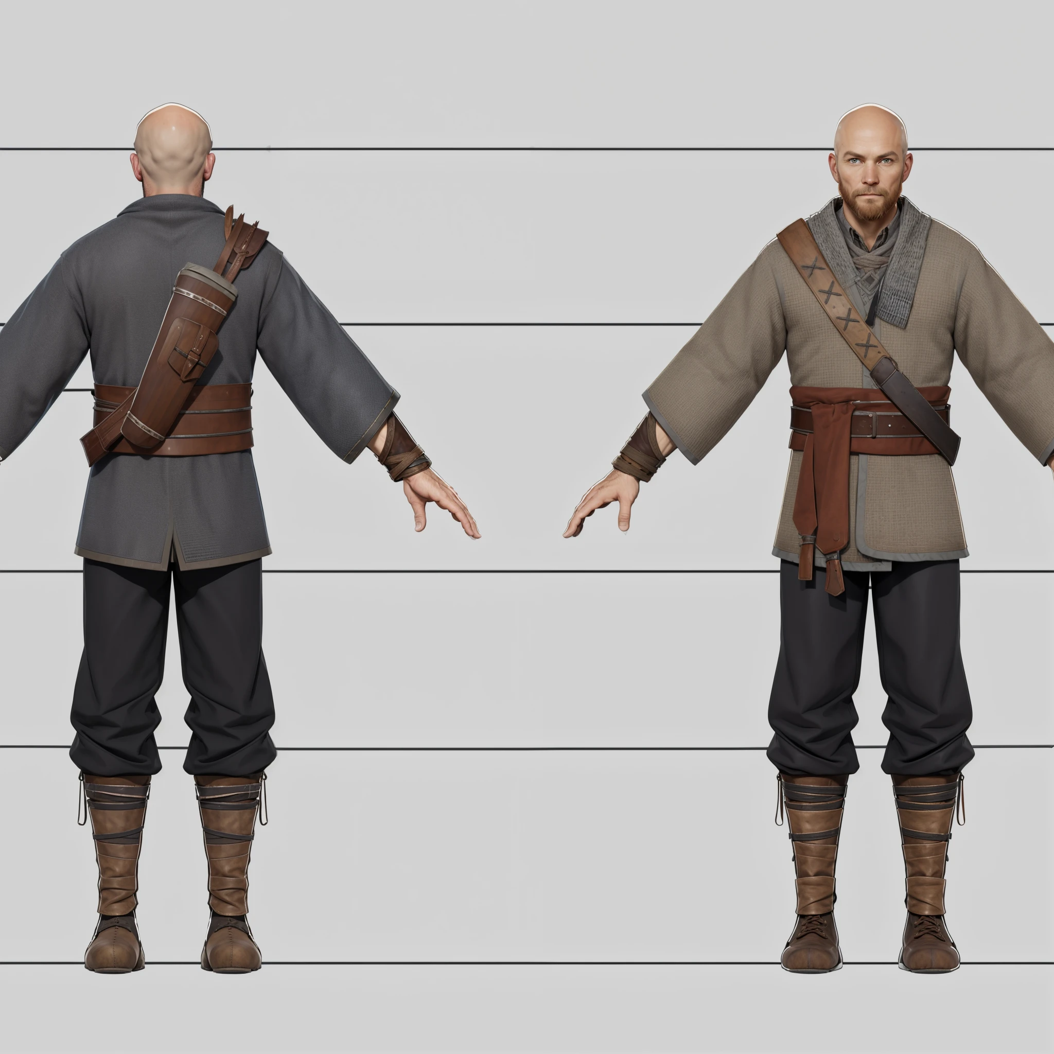 ( Realistic:1.33),(masterpiece:1.1),(highest quality:1.1),(HDR:1) a close up of a hunter villager with arrow bag on back, medieval villager , wool cloth, full body concept, detailed full body concept, Viking ranger style, Viking protective, Portrait of a Viking, Viking warrior, Viking culture, Nordic warrior, Viking costume, Ancient Viking warrior, wearing Viking clothing, male Viking, with Machado, Nordic inspiration, Viking and Templar aesthetics, full body character concept,costume concept design, full body details, detailed full body concept art, full character body, character model sheet turnaround, fullbody shot turnaround, concept character sheet, full body concept art, reference model sheet , full body concept art, RPG style character, game character design, 3d character reference sheet, video game character concept, detailed character design, character sheet, [ character model sheet turnaround ], front and back, ((front and back)), grey clean background, 3D character, leather belt, leather boots with rob, ((gambeson cloth)), dim blue gambeson, leather belt on chest, ((gambeson cloth)), (((arrow bag on belt)))