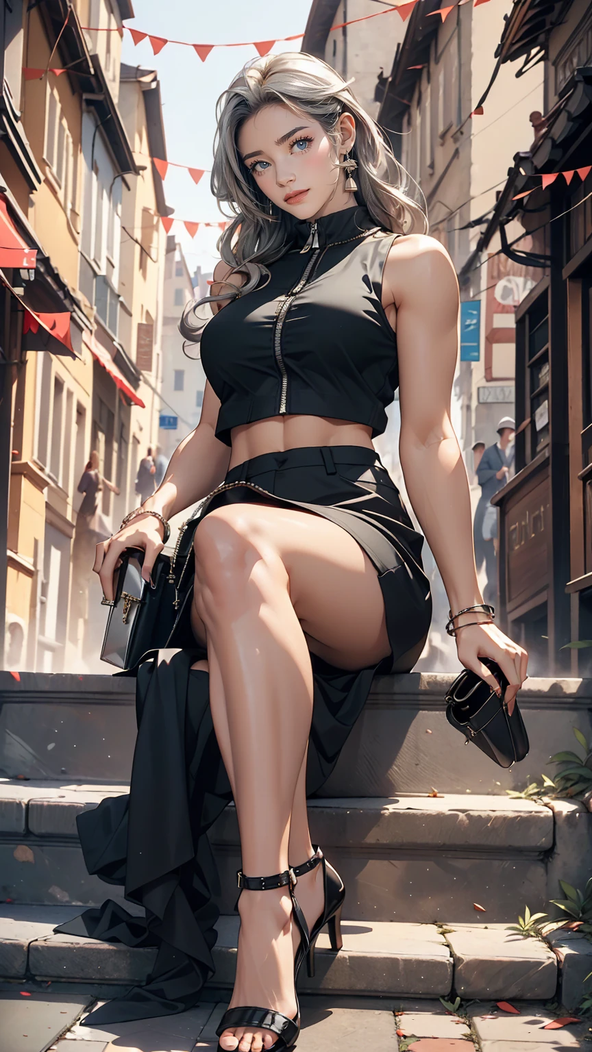 26 year old Caucasian female、Wear a black sleeveless zipper-up top、Navel visible、Lower milk visible、Wear a low-rise black mini skirt、Wear stiletto heels、Have a clutch bag、long hair、Silver Hair、smile、Sit down on the stone steps in the Old Town Square、Crossing your legs、smile