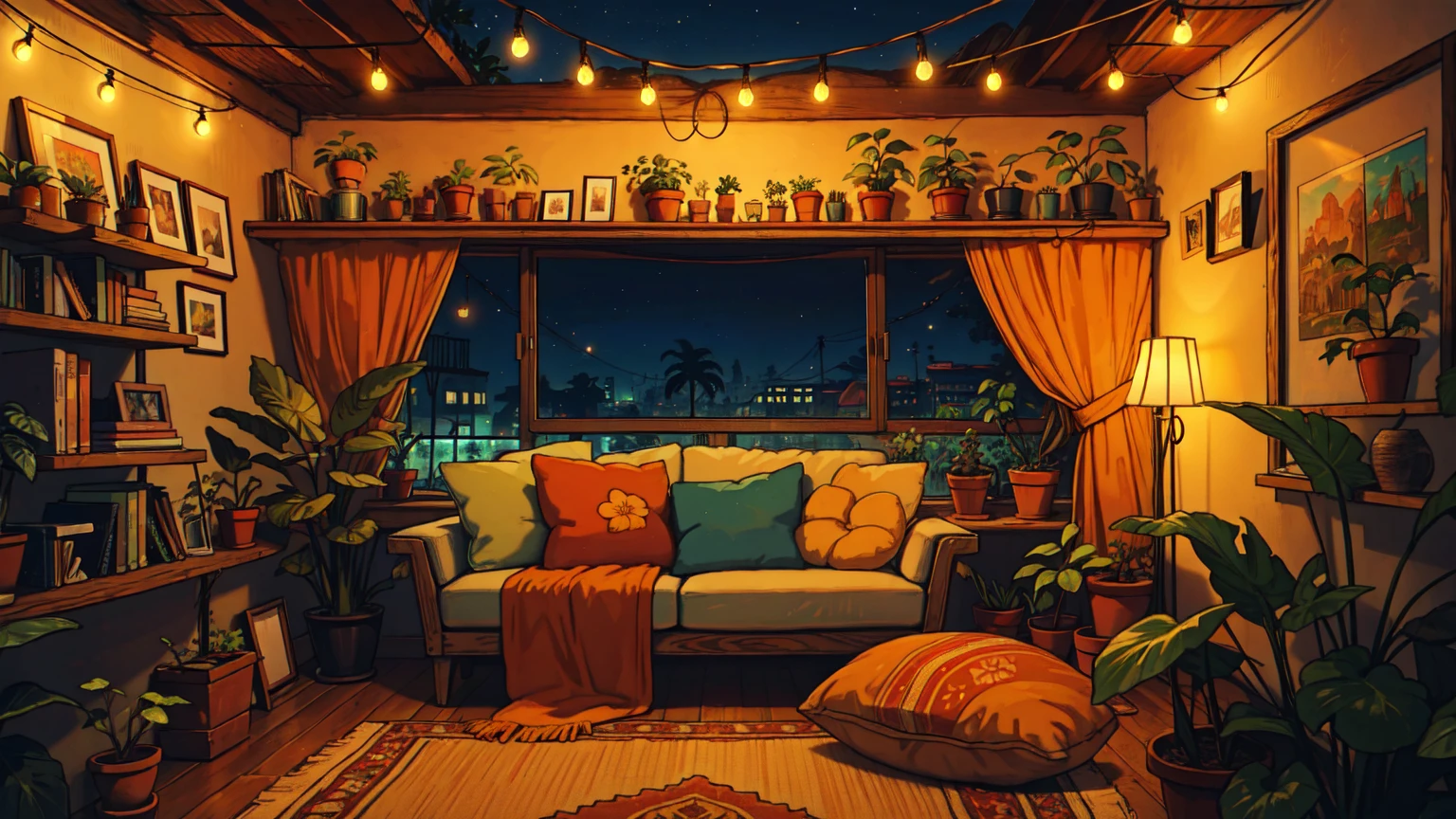 Big closed window, In a cozy room, sofa, Orange string lights, Leafy tropical plant pot, Hanging houseplants,Gypsy aesthetics,Earth Colors, Colorful string lights, Bookshelf, Hut, Bohemian Carpet, Decorations, Cozy atmosphere, Night view, micro-landscape, Essential Details