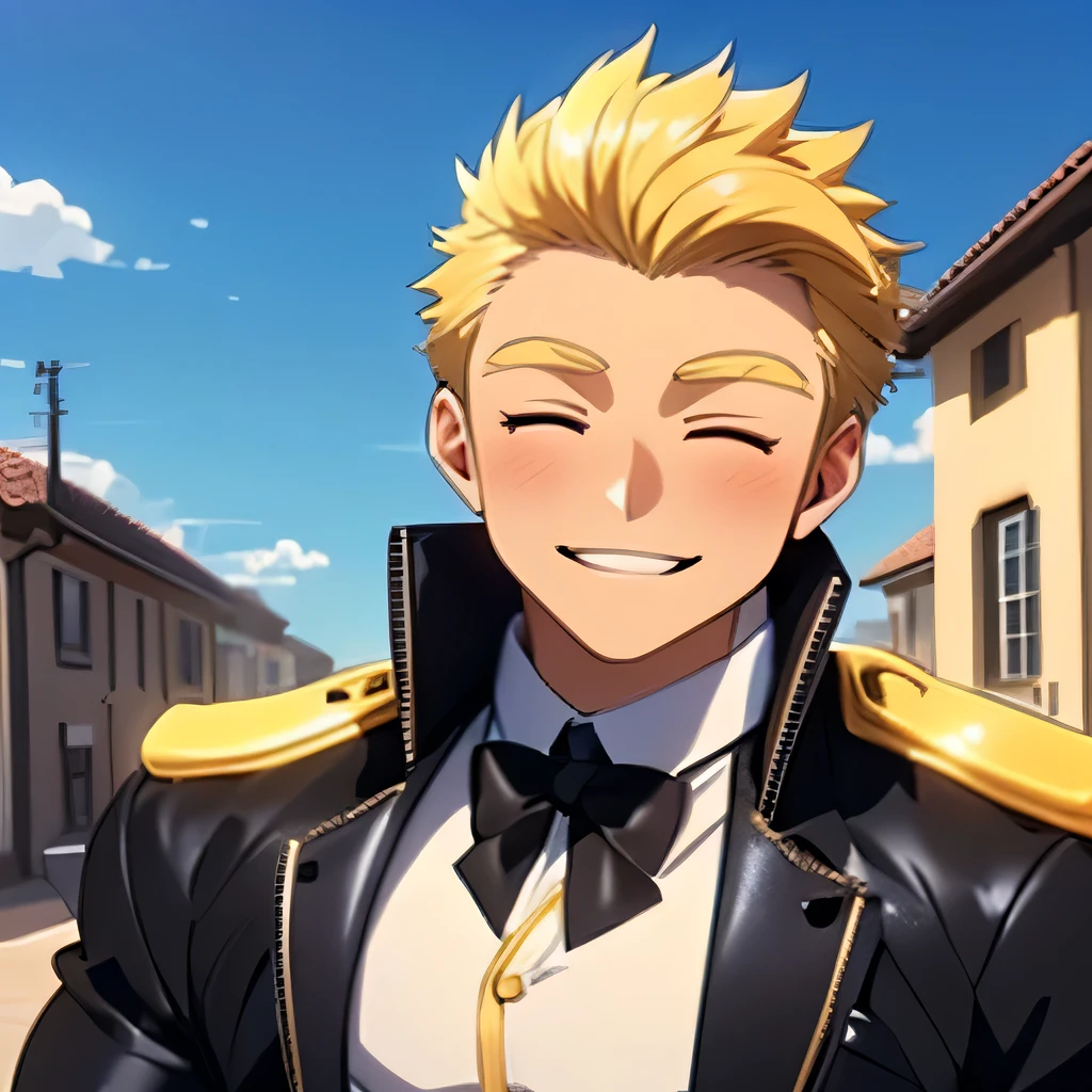 2 boy,kiss,(close eyes:1.2),(be happy:1.4),shoulder to shoulder,,happy blonde and black hair,black eyes,jacket,shirt,blush,(happy smile),blue sky backgroundy,Masterpiece,Top Quality,High quality,Ultra detailed,insanely detailed,beautiful,detailed eyes,anime style