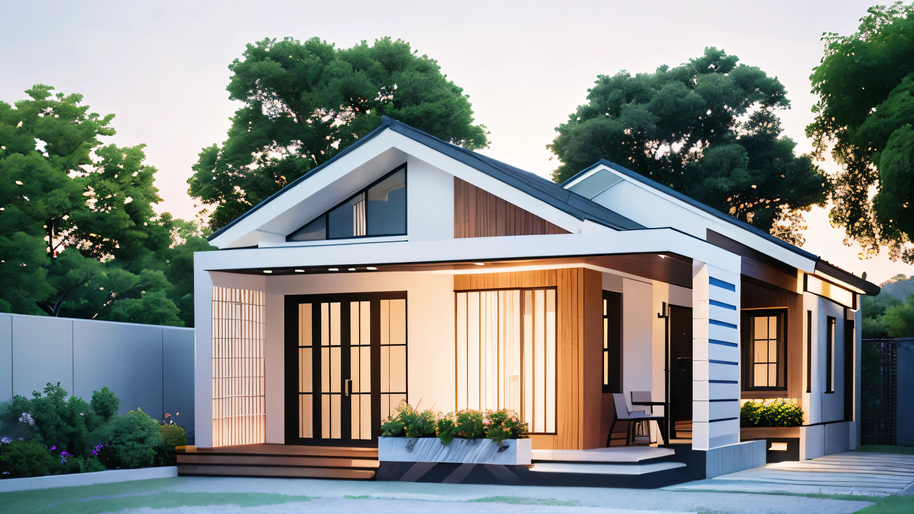 Hyper realistic eye level exterior photo of a mid century modemn
style house overlooking the valley. daylight, indirect lighting
House, wood, Chile, Sunset