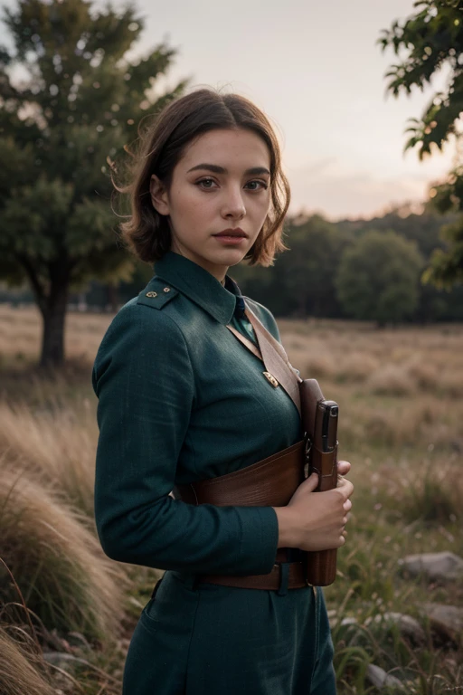 a beautiful young spanish girl, detailed face, detailed eyes, beautiful lips, long eyelashes,1girl, standing in a grassy field, wearing an old 1936 spanish republican military uniform, carrying an antique gun, cinematic lighting, dramatic lighting, rich colors, highly detailed, photorealistic, masterpiece, 8k, realistic, professional, sharp focus
