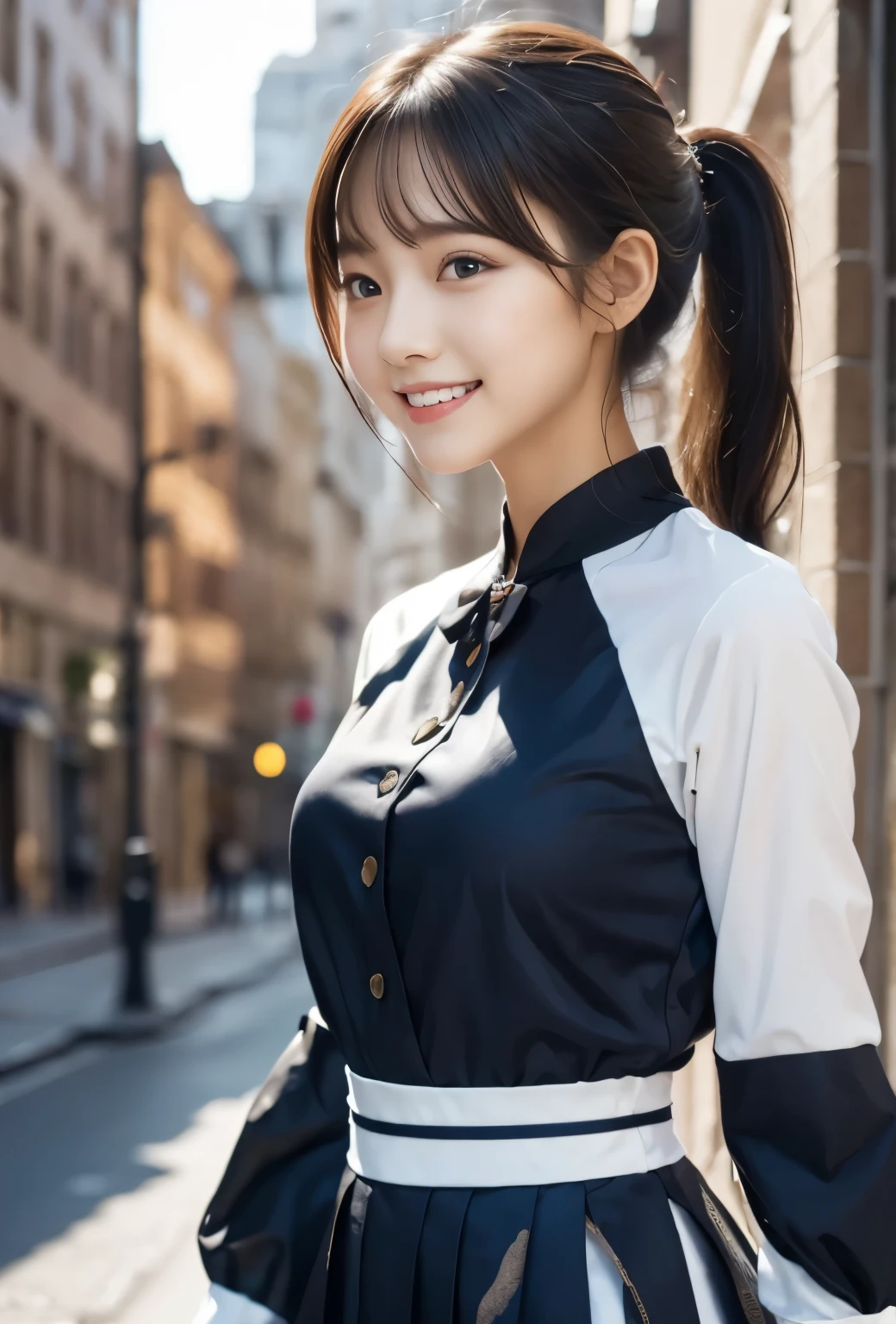 (masterpiece, best quality:1.1), (8k, raw photo, photo realistic:1.2, f22), (shiny skin), detailed skin,ponytail,ribbon,detailed face, detailed eyes,smile,BREAK, real world, intricate details, smil, BREAK, 1girl, full body,(long sleeve,ribbon,check pattern,Navy),BREAK, (evening:1.4)