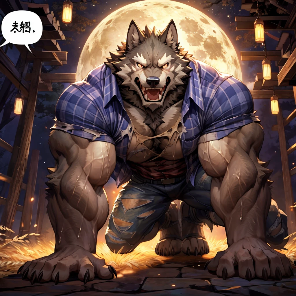 masterpiece,high quality,anime, ultra detailed
, 人Wolf, Wheat skin, Digital, (Check shirt:1.3), (Torn Shirt, Torn Pants:1.2) , On all fours, Claws scratching the ground, Show off your teeth, Wolf, great physique,Strong arms, manly, (((Excessive sweating)))
, Painful eyes, Painful expression, Grit your teeth

, [[(ultra detailed dick:1.1), look up]]

, Moonlight Forest, full moon, Joyful, From null-ghost, (Warm lights:1.3), (japanese speech bubble:1.2)