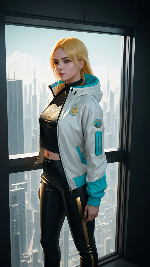 beautiful girl in white jacket and turquoise t-shirt with golden hair yellow eyes Black cyberpunk style rubber pants. Standing at the window of a futuristic skyscraper., full body , perfect light perfect composition Beauty Award winning masterpiece Artstation 8 k Artgerm Mucha Dim Volumetric lighting Octane 18 k Beautiful detail rendering. post processing, portrait, exaggerated detail, complex, grand composition, cinematic lighting, masterpiece, trending art station, high detail, masterpiece, beautiful, 18k , HDR, smooth, sharp focus, high resolution.