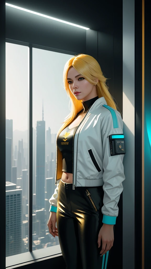 beautiful girl in white jacket and turquoise t-shirt with golden hair yellow eyes Black cyberpunk style rubber pants. Standing at the window of a futuristic skyscraper., full body , perfect light perfect composition Beauty Award winning masterpiece Artstation 8 k Artgerm Mucha Dim Volumetric lighting Octane 18 k Beautiful detail rendering. post processing, portrait, exaggerated detail, complex, grand composition, cinematic lighting, masterpiece, trending art station, high detail, masterpiece, beautiful, 18k , HDR, smooth, sharp focus, high resolution.