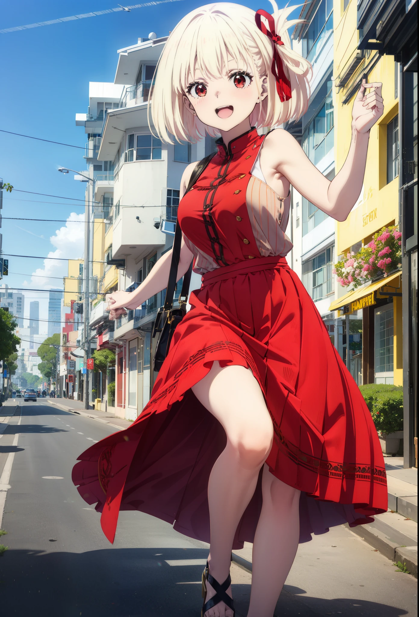 chisatonishikigi, Chisato Nishikigi, short hair, bangs, blonde, (Red eyes:1.5), Hair Ribbon, One side up, Bobcut,happy smile, smile, Open your mouth,
Open your mouth, Red sleeveless dress,Bare arms,Red long skirt,Cute Sandals,whole bodyがイラストに入るように,Daytime,sunny, walk,Looking up from below,break looking at viewer,whole body,break outdoors, In town,Coastal Road, break (masterpiece:1.2), highest quality, High resolution, unity 8k wallpaper, (shape:0.8), (Beautiful details:1.6), Highly detailed face, Perfect lighting, Extremely detailed CG, (Perfect hands, Perfect Anatomy),