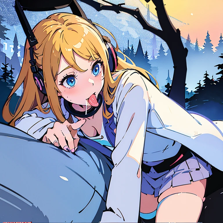 a cute beautiful girl listening to relaxing music with her headphones that takes her to a surreal forest, young anime girl, long wavy blond hair, sky blue eyes, full round face, miniskirt, front view, mid - shot, highly detailed, digital art by wlop, trending on artstation, headgrabblowjob, blowjob, oral sex, penis in mouth, hard cock in mouth, sperm on face, cum on face, cumshot on face, facefuck, deepthroat, cum on face, sperm on face, throatpie