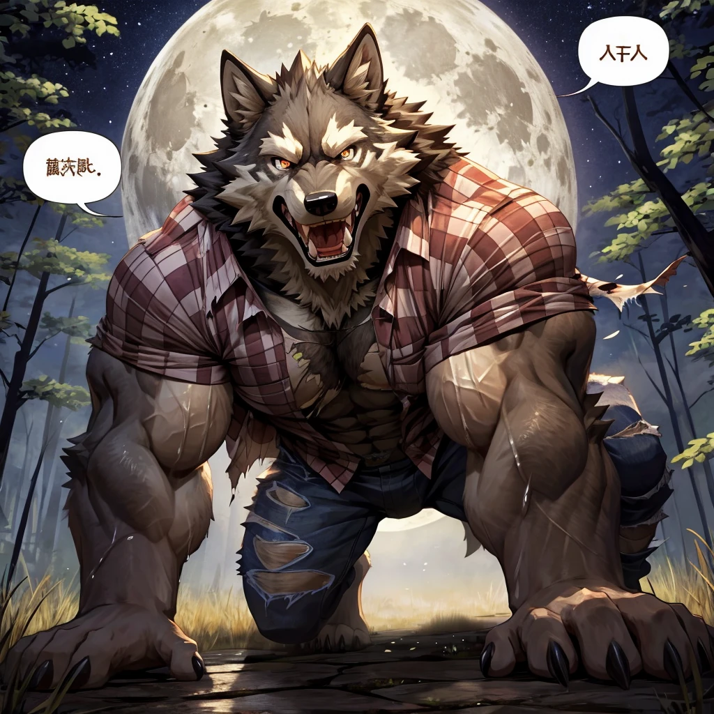 masterpiece,high quality,anime, ultra detailed
, 人Wolf, Wheat skin, Digital, (Check shirt:1.3), (Torn Shirt, Torn Pants:1.2) , On all fours, Claws scratching the ground, Show off your teeth, Wolf, great physique,Strong arms, manly, (((Excessive sweating)))
, Painful eyes, Painful expression, Grit your teeth

, [[(ultra detailed dick:1.1), look up]]

, Moonlight Forest, full moon, Joyful, From null-ghost (japanese speech bubble:1.2)