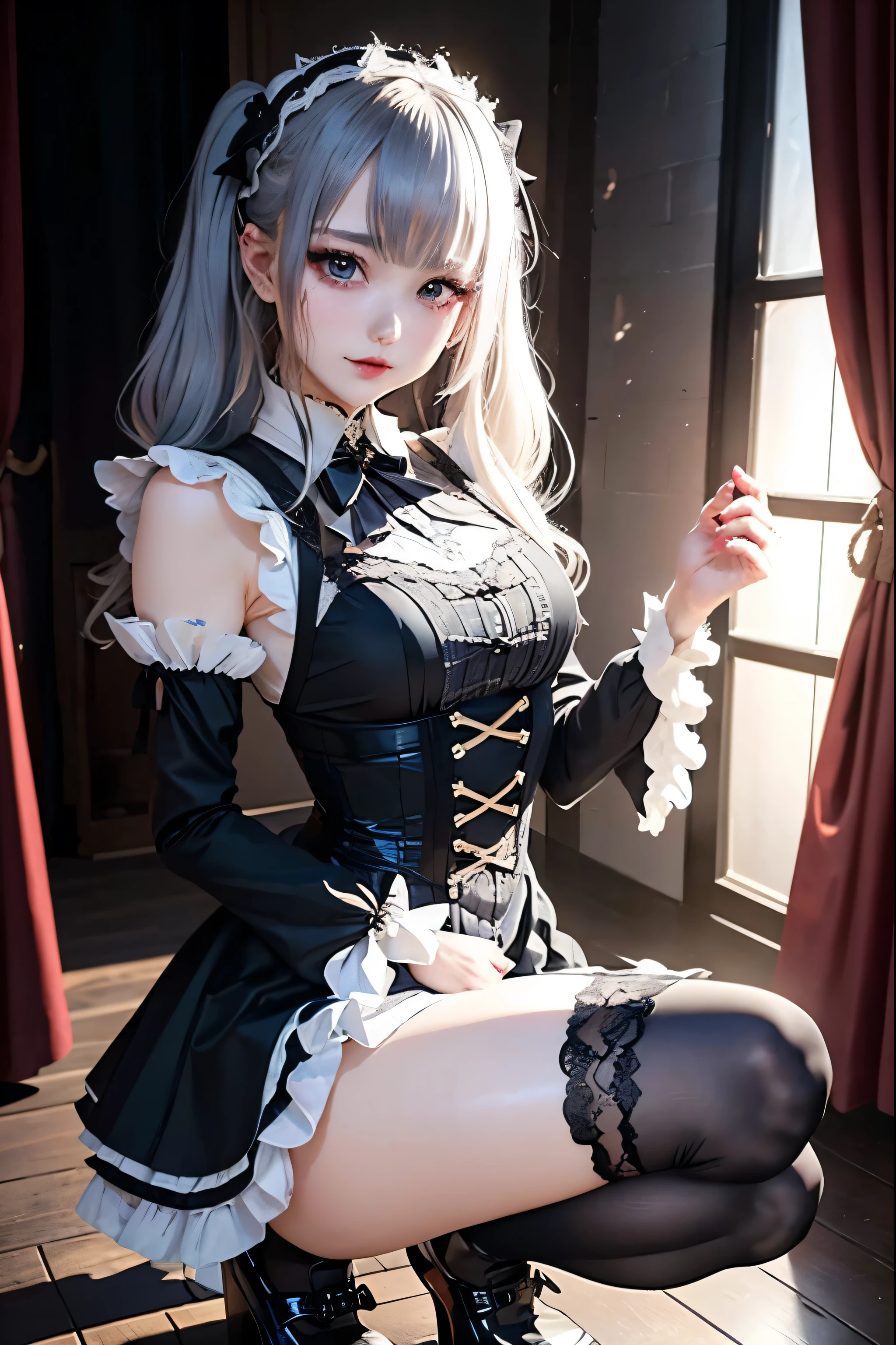Hard Dark Gothic Makeup、Deep Night Sky、Horror、Black dark eyeshadow、cry、sad、Good skin radiance、Dark Gothicメイク、Dark smile、palace、The beauty of fragrance、24-years-old、Expressions of intense sexual pleasure、Embarrassed look、Dark Gothic、Obscene language、highest quality、Drunk face、紫のMaid clotheysterious、Noble、sexy、Loving smile、Twin tail hair、Right blue eye, Left eye is red、Platform Heel Shoes、Heavy makeup、Gothic Lolita Clothing、A little slimmer、Silver Hair、Long Hair Straight Hair、Cute Gothic Lolita Dress、Beautiful Face、elegant features、Fascinating face、Stained glass is the background、Chest glistening with sweat、The room is dark、gothic long dress、Bell Sleeves、Wizard Sleeve、Decadent look、Sexually excited expression、Glossy thighs wet with water、Thighs that are wet and shiny with oil、Background of a room full of roses、sad expression、The embroidery is pink、The dress has pink embroidery、Thigh-high socks、Knee-high socks、Gentle expression、Dark black eyeshadow、Stained glass and rose background、Female Duo、Female couple、dark church background、Stained glass、Black metal world、Dark Castle、Dark Room、Slender body、upright、walk、Are standing、gothic long dresaid clothes、Victorian dresses、Her thighs glisten with sweat、My body is wet and shiny、Lots of glitter on the thighs、sweating、My thighs are sticky from sweating、Sweat glistens on the thighs, The whole body is sweaty and shiny、Quite sweaty、My thighs are sweaty、My thighs are so wet、My thighs are shining with sweat、A lot of sweat glistens all over the body、The thighs are the best、Small breasts、Playing guitar、Singing while playing the guitar、les paul guitar、Holding a guitar、Playing in a band、Playing guitar chords、Practicing guitar、Sing a song、Embodying the guitar、Decorate your guitar、An enthusiastic live music venue、Splendid stage、Dynamic Angle、Les PaulHolding a guitar、
