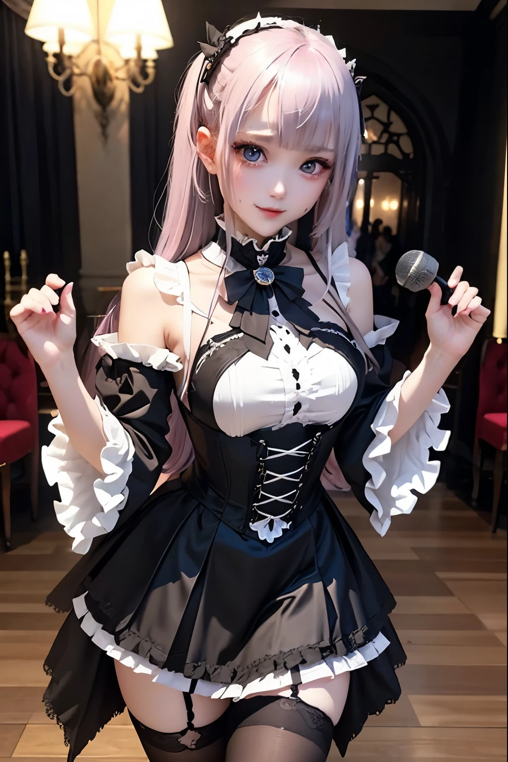 ハードDark Gothicメイク、Deep Night Sky、Horror、Black dark eyeshadow、cry、sad、Good skin radiance、Dark Gothicメイク、Dark smile、palace、The beauty of fragrance、24-years-old、Expressions of intense sexual pleasure、Embarrassed look、Dark Gothic、Obscene language、highest quality、Drunk face、紫のMaid clothes、Mysterious、Noble、sexy、Loving smile、Twin tail hair、Right blue eye, Left eye is red、Platform Heel Shoes、Heavy makeup、Gothic Lolita Clothing、A little slimmer、Silver Hair、Long Hair Straight Hair、Cute Gothic Lolita Dress、Beautiful Face、elegant features、Fascinating face、Stained glassが背景、Chest glistening with sweat、The room is dark、gothic long dress、Bell Sleeves、Wizard Sleeve、Decadent look、Sexually excited expression、Glossy thighs wet with water、Thighs that are wet and shiny with oil、Background of a room full of roses、sad表情、The embroidery is pink、The dress has pink embroidery、Thigh-high socks、Knee-high socks、Gentle expression、Dark black eyeshadow、Stained glassと薔薇背景、Female Duo、Female couple、dark church background、Stained glass、Black metal world、Dark Castle、Dark Room、Slender body、upright、walk、Are standing、gothic long dresaid clothes、Victorian dresses、Her thighs glisten with sweat、My body is wet and shiny、Lots of glitter on the thighs、sweating、My thighs are sticky from sweating、Sweat glistens on the thighs, The whole body is sweaty and shiny、Quite sweaty、My thighs are sweaty、My thighs are so wet、My thighs are shining with sweat、A lot of sweat glistens all over the body、The thighs are the best、Small breasts、Playing guitar、Singing while playing the guitar、les paul guitar、Holding a guitar、Playing in a band、Playing guitar chords、Practicing guitar、Sing a song、Embodying the guitar、Decorate your guitar、An enthusiastic live music venue、Splendid stage、Dynamic Angle、レスポールHolding a guitar、