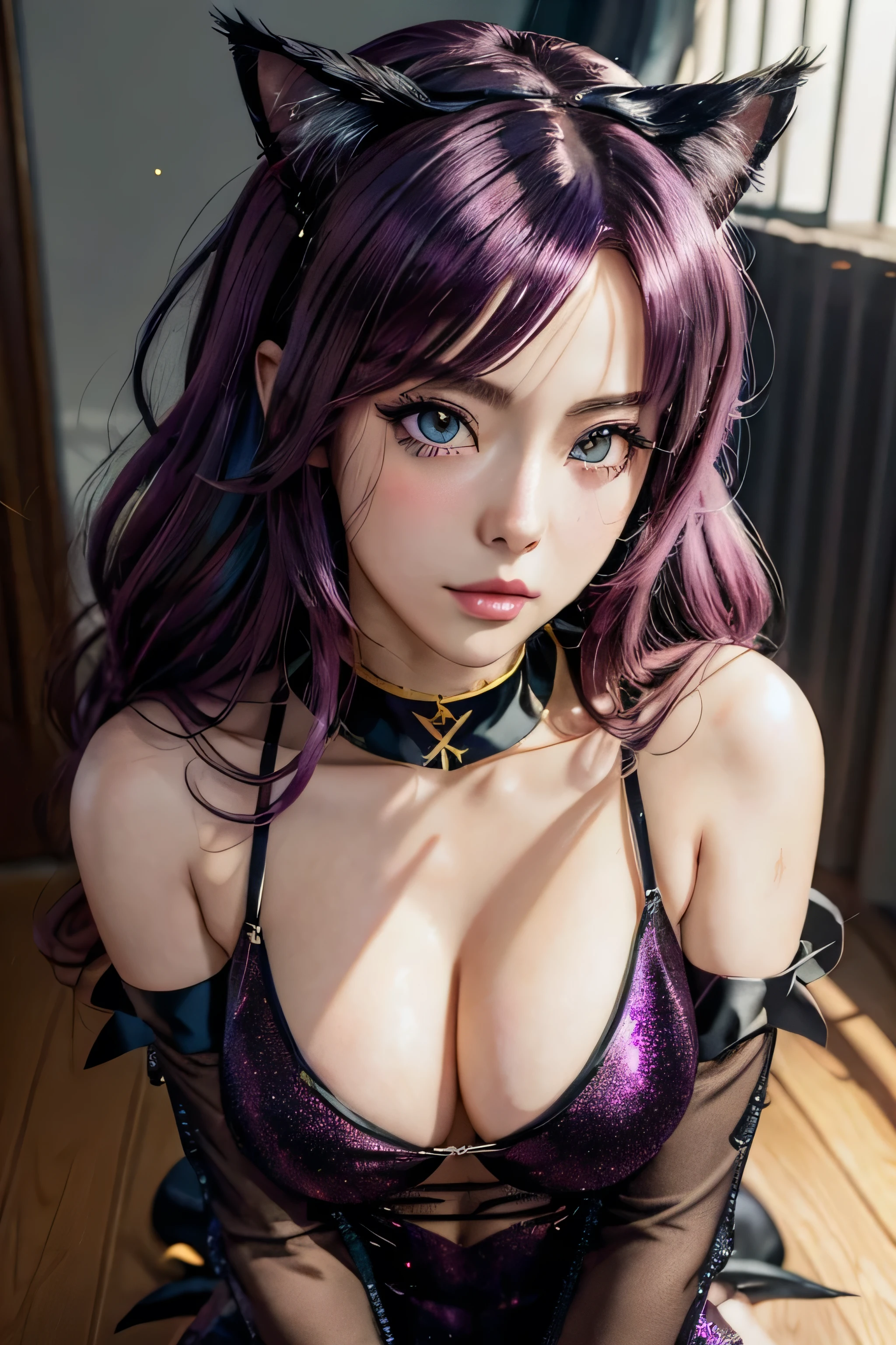 anime girl with cat ears and black lingersuit posing for a picture, seductive anime girl, hyperrealistic , beautiful alluring anime woman, 3d anime girl, attractive anime girl, seductive. highly detailed, anime highly detailed, , beautiful alluring anime , anime girl, a hyperrealistic , photorealistic anime girl render, yuri, cleavage, Mesmerizing eye contact, wooden floor, realistic, magenta hair, Watercolor and metallic touches, glitter lingersuit