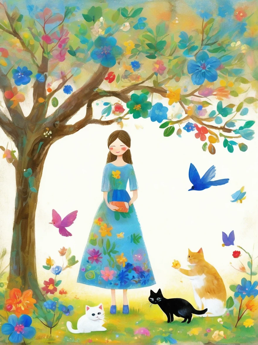 Neutral Color，Boho，Matte，Glass Sculpture，Broken glass effect，Vivid and bright colors，Natural light，Iwona Lifsches and Catherina Abel Figurative Art，Lovely digital artwork in the style of Andy Kehoe and Jasmine 3 Griffith，Colored sketch of a broadleaf tree，(Beautiful young girl wearing a beautiful dress made of blue flowers)，(Holding a cute kitten)，Beautiful landscape background，Colorful leaves on the tree，White Cloud，fantasy-realism，Fascinating，HDR，Highly detailed photorealistic digital art，Miki Asai macro photography，close up，Ultra Detailed，Popular on artstation，Sharp focus，Studio Photos，Intricate details，Very detailed，greg rutkowski，mystery