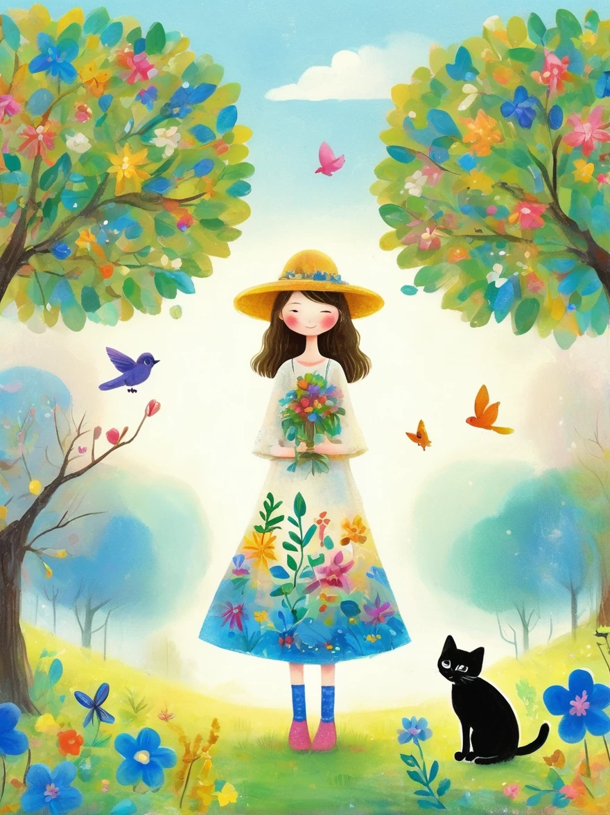 Neutral Color，Boho，Matte，Glass Sculpture，Broken glass effect，Vivid and bright colors，Natural light，Iwona Lifsches and Catherina Abel Figurative Art，Lovely digital artwork in the style of Andy Kehoe and Jasmine 3 Griffith，Colored sketch of a broadleaf tree，(Beautiful young girl wearing a beautiful dress made of blue flowers)，(Holding a cute kitten)，Beautiful landscape background，Colorful leaves on the tree，White Cloud，fantasy-realism，Fascinating，HDR，Highly detailed photorealistic digital art，Miki Asai macro photography，close up，Ultra Detailed，Popular on artstation，Sharp focus，Studio Photos，Intricate details，Very detailed，greg rutkowski，mystery