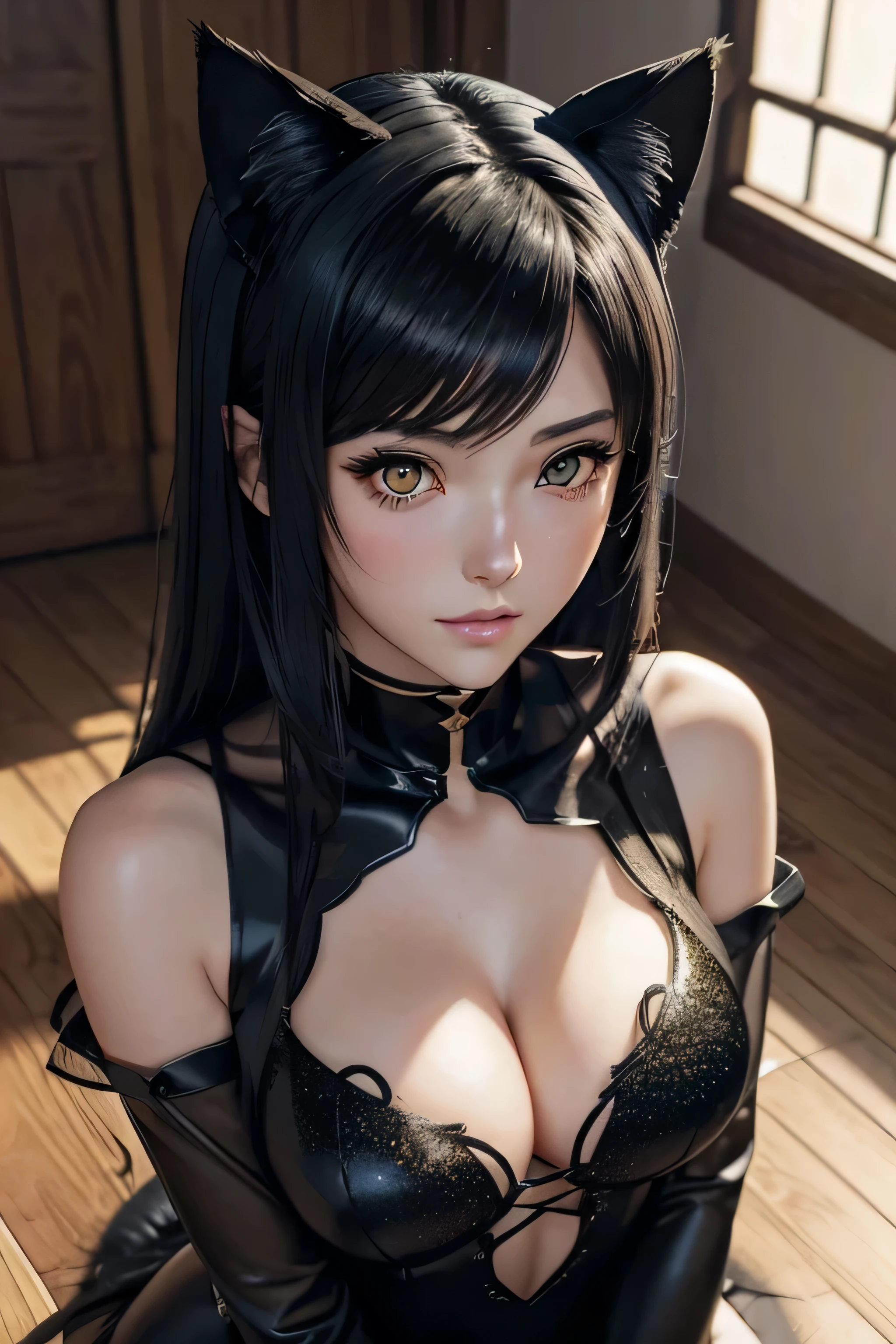 anime girl with cat ears and black lingersuit posing for a picture, seductive anime girl, hyperrealistic , beautiful alluring anime woman, 3d anime girl, attractive anime girl, seductive. highly detailed, anime highly detailed, , beautiful alluring anime , anime girl, a hyperrealistic , photorealistic anime girl render, yuri, cleavage, Mesmerizing eye contact, wooden floor, realistic, black hair, Watercolor touches, glitter lingersuit, amber eyes