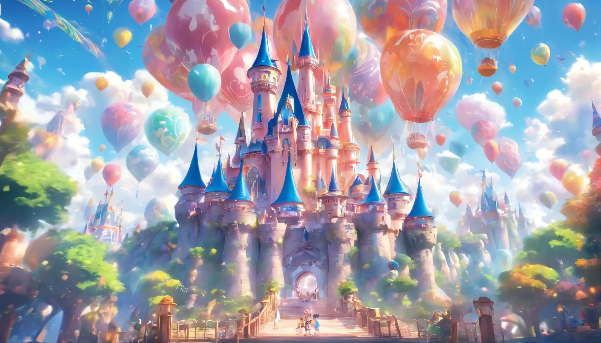 (There is a castle in the middle),close up,Intricate details,Full front display,Facing the camera,Dream Castle,Disney Castle,Cartoon,3d,Playground,Hydrogen balloons,Joyful atmosphere,Active colors,Theme parks of the future,Amusement Park of the Future,utopian,dream world,fantasy,Design and colors,Ultra wide angle,Top quality,masterpiece,nobody