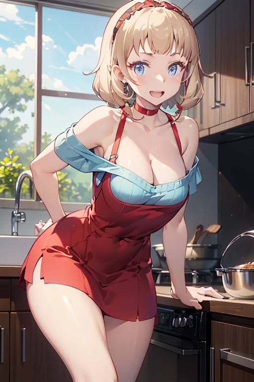 (dynamic angle:1.3, front view:0.9, breast focus:1.3, from below:1.2), (dynamic posing:1.5, sexy posing:1.3, leaning forward), (seductive smiling:1.3),masterpiece, 1girl, pointed chest:1.3,(double breasted:1.2,under bust:1.2), Amazing Cleavage:1.3, thin waist, big ass, Raised sexy, small breast: 1.2 posed cleavage:1.2、solo, looking at viewer, open mouth, silver bronde hair, blue eyes, bare shoulders, collarbone, sidelocks, hairband, sapphire earrings, indoors, red off shoulder sweater dress, arms behind back, short hair with long locks, blue gold hairband, big side hair, very long side hair is rendered in (masterpiece: 1.2, best quality), with (ultra high resolution) and an exquisite (depth of field). This masterpiece is not only visually stunning but also tells,A scene of cooking in the kitchen