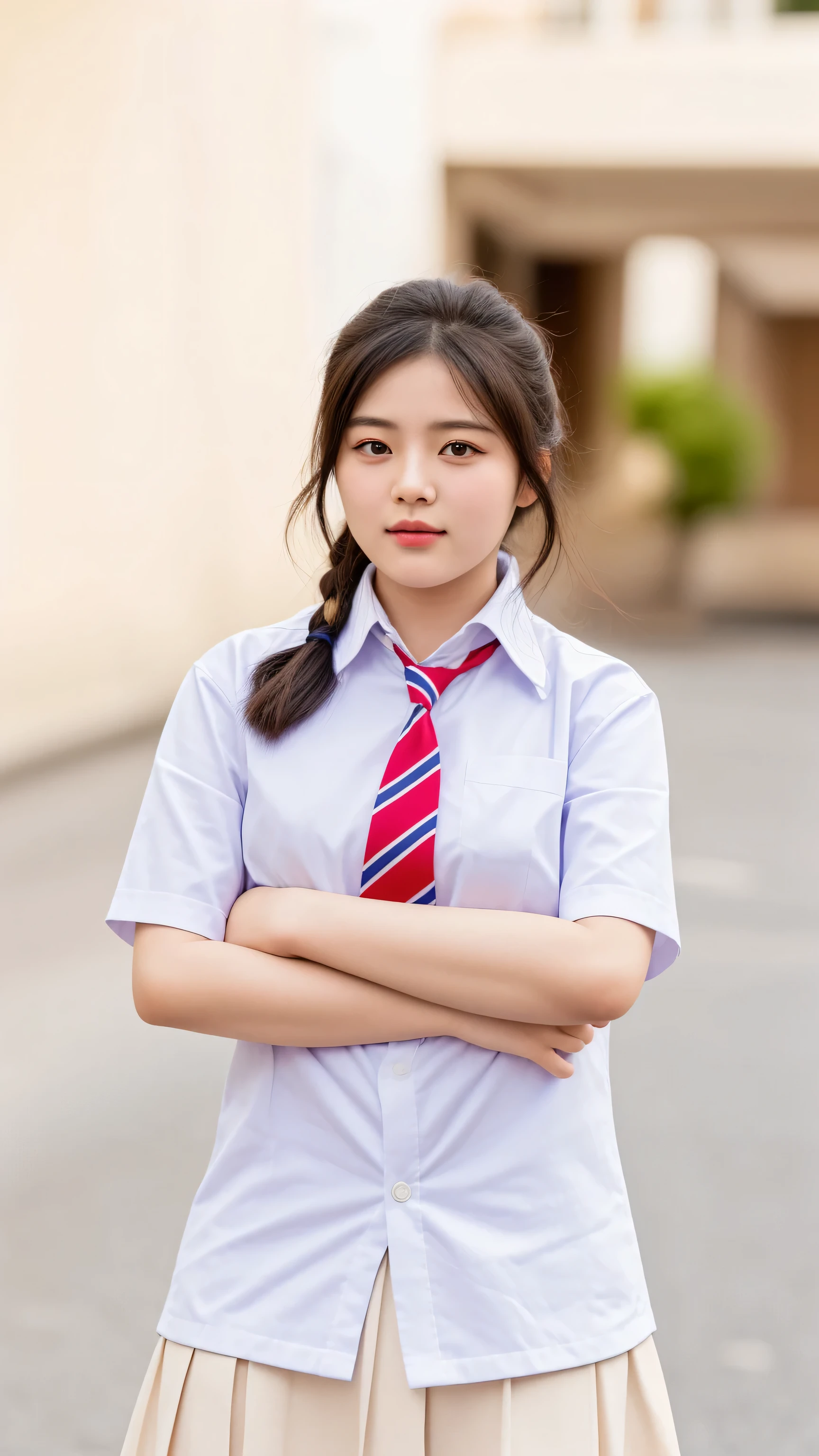 arafed asian girl in a standing with her arms crossed, girl wearing uniform, young asian girl, posing with crossed arms, wearing , a young asian woman, korean girl, wearing a , asian girl, chinese girl, school girl, dang my linh, portrait of high school girl, young asian woman, wearing japanese