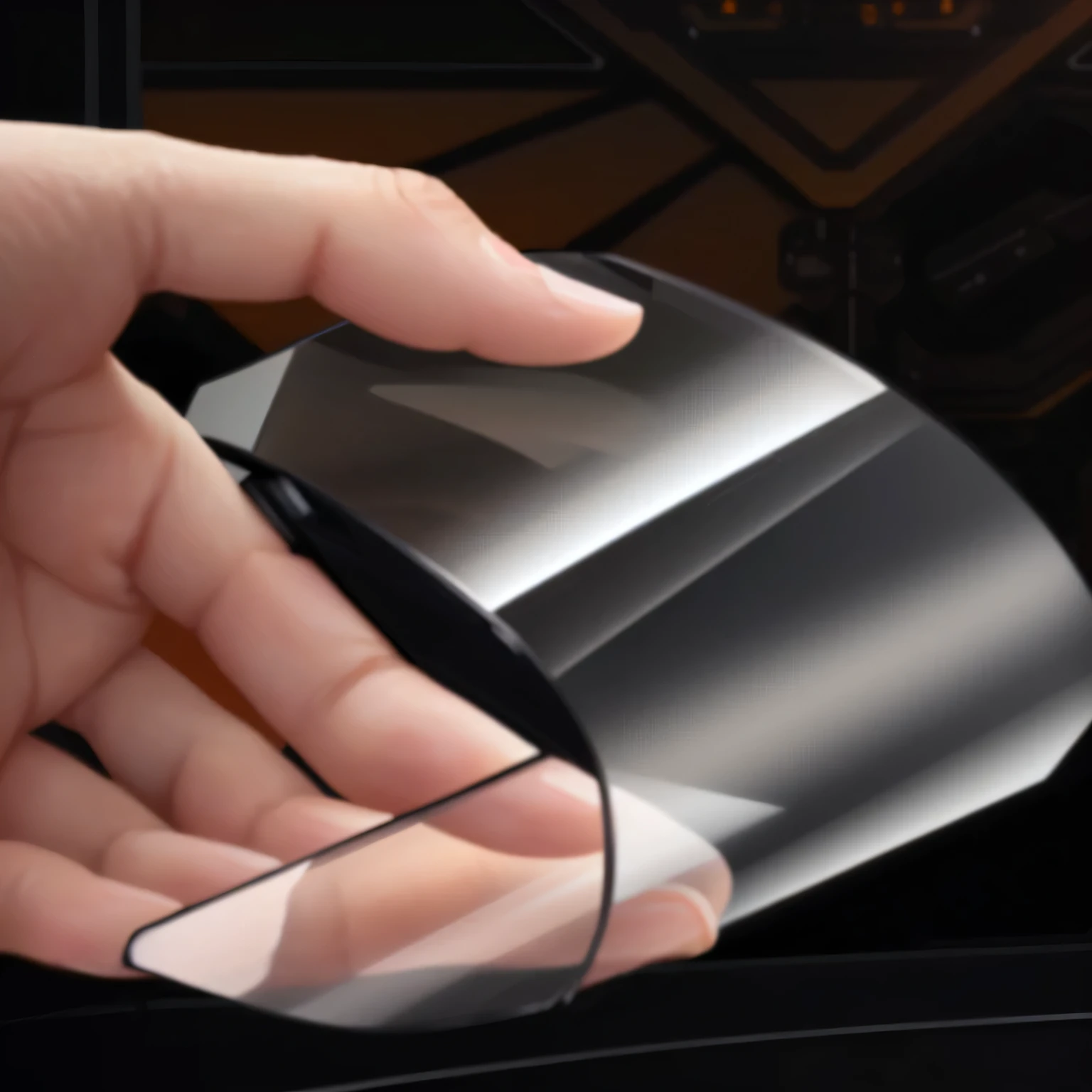 someone is holding a piece of glass in their hand, glass oled visor head, glass oled mecha visor, visor screen for face, transparent black windshield, reflection of phone in visor, glass visor, oled visor for eyes, holographic display lenses, smooth transparent visor, ultra clear material, phone!! held up to visor, reflection of iphone in visor